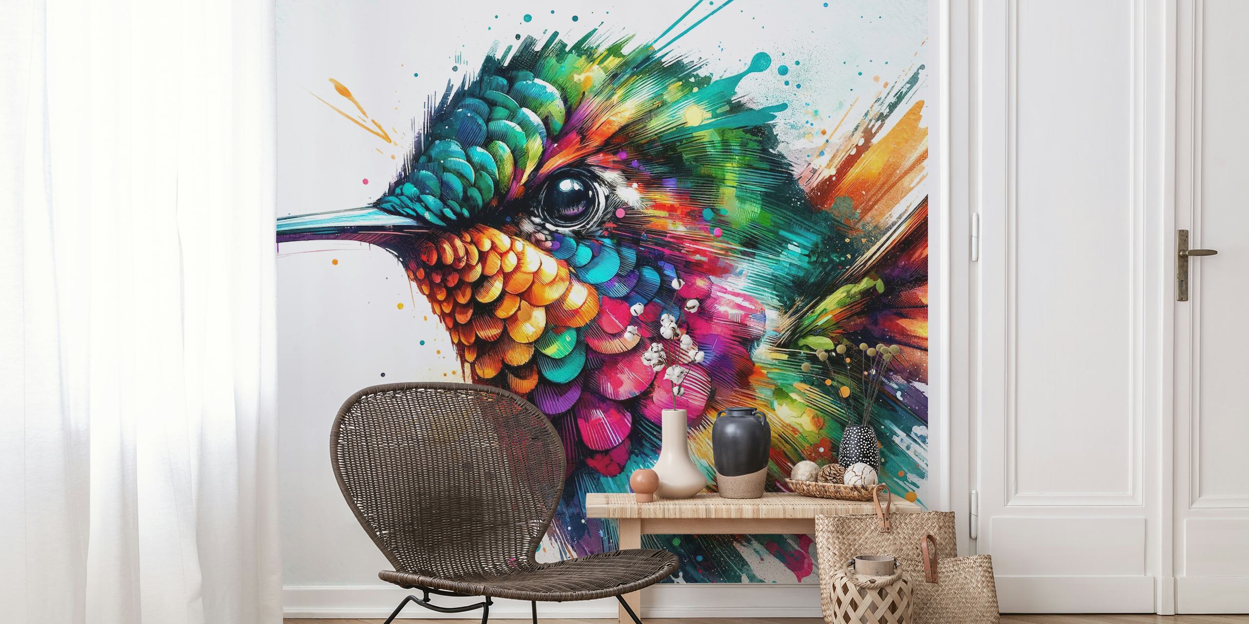 Colorful watercolor hummingbird art with bright details wallpaper