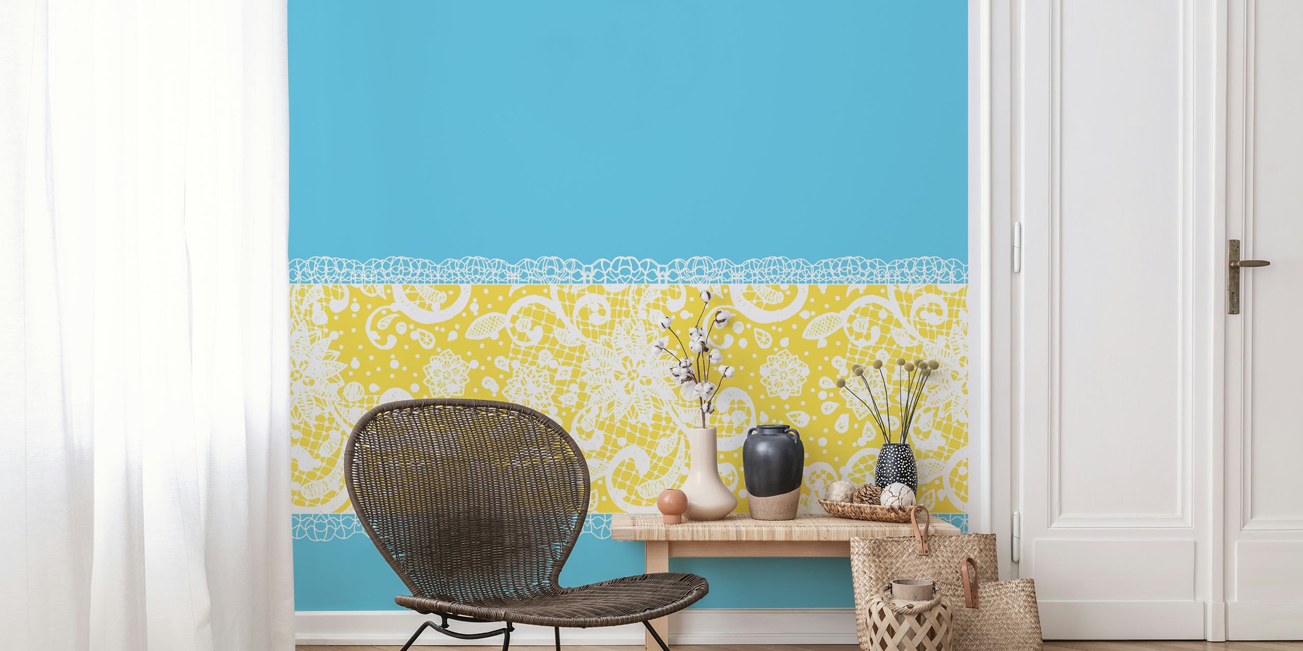 Blue and yellow lace stripe wall mural with intricate patterns