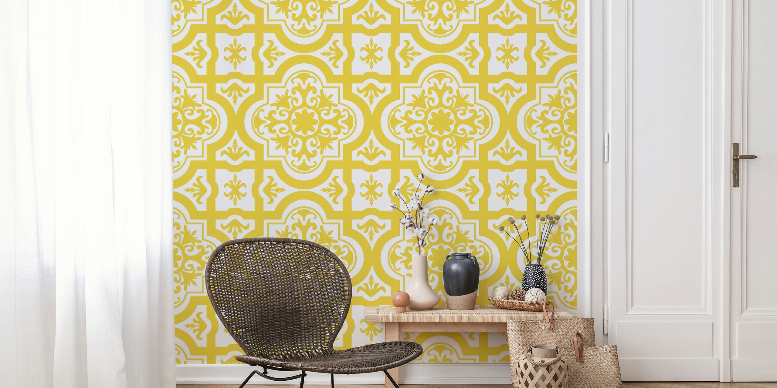 Yellow and white intricate Mexican tile pattern wallpaper
