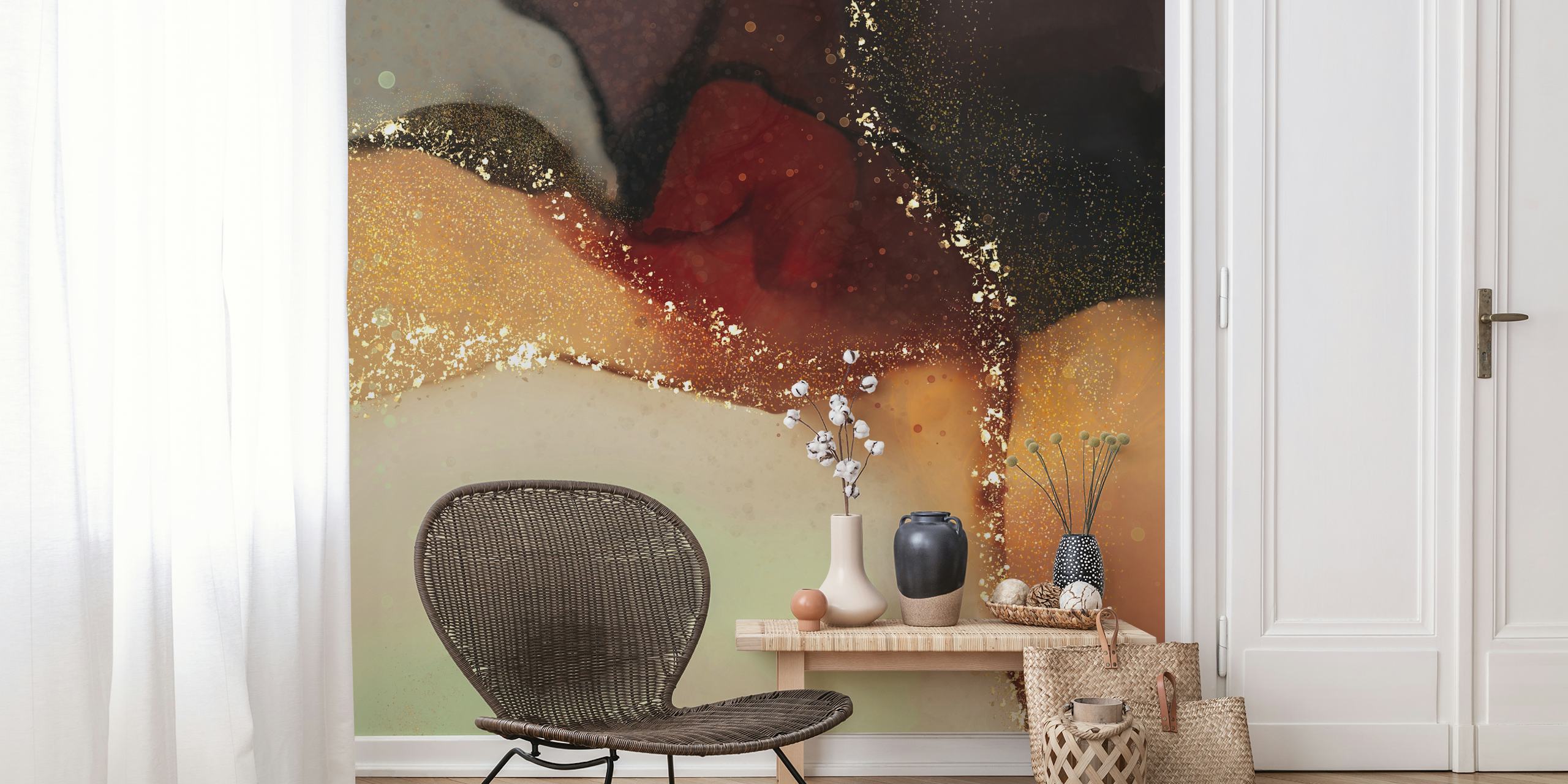 Abstract glittery ink design in gold, brown, and green wallpaper