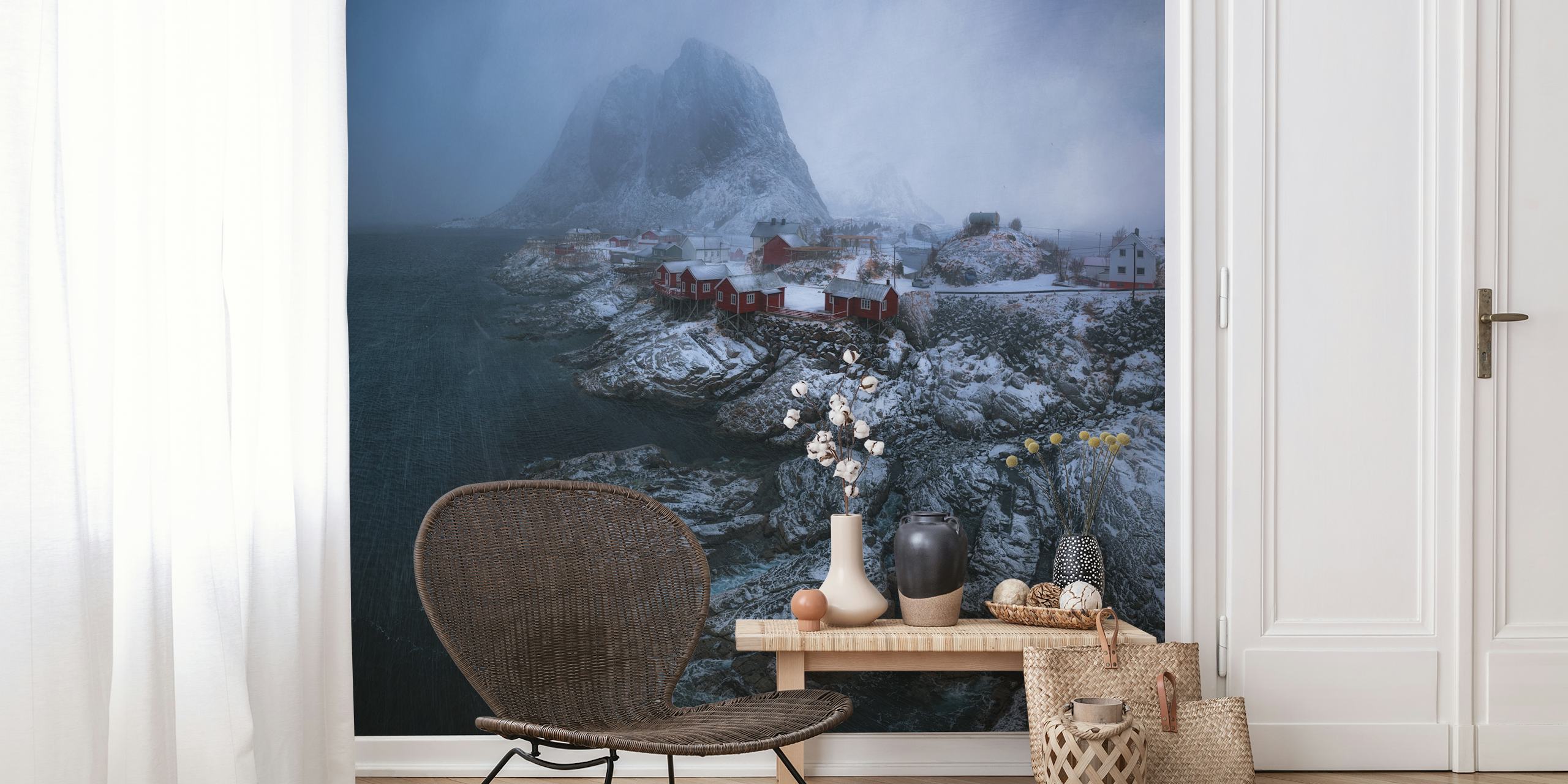 Stormy coastline with mountains and red cabins wallpaper