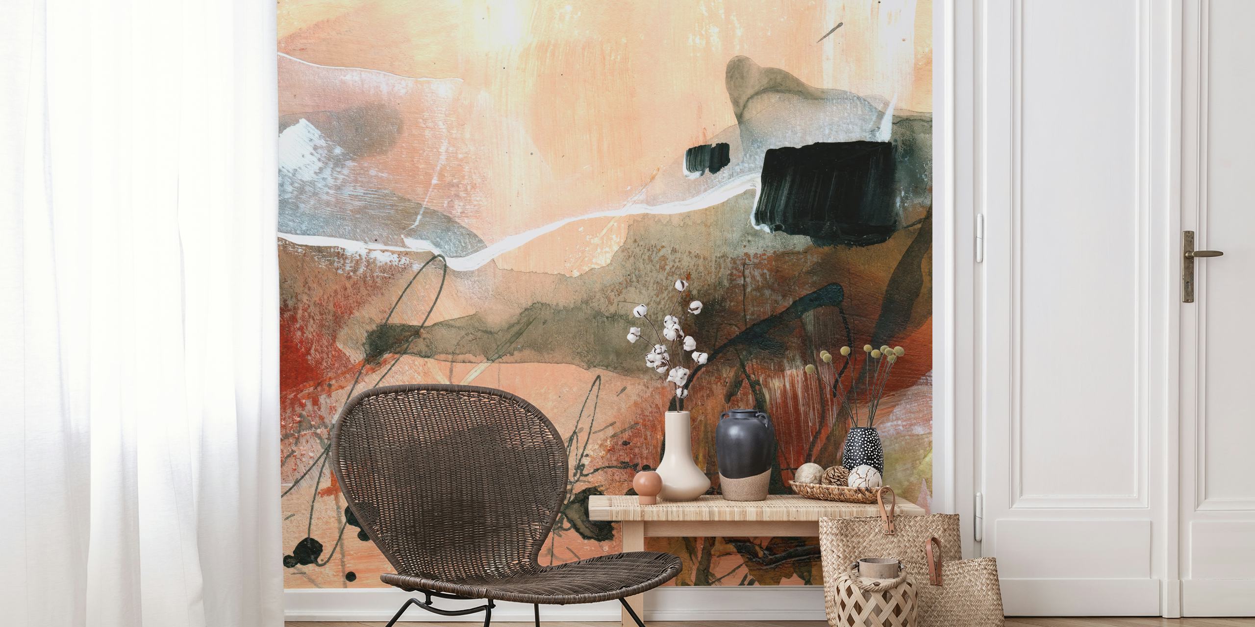Abstract patterns in earth tones, black, and white wallpaper