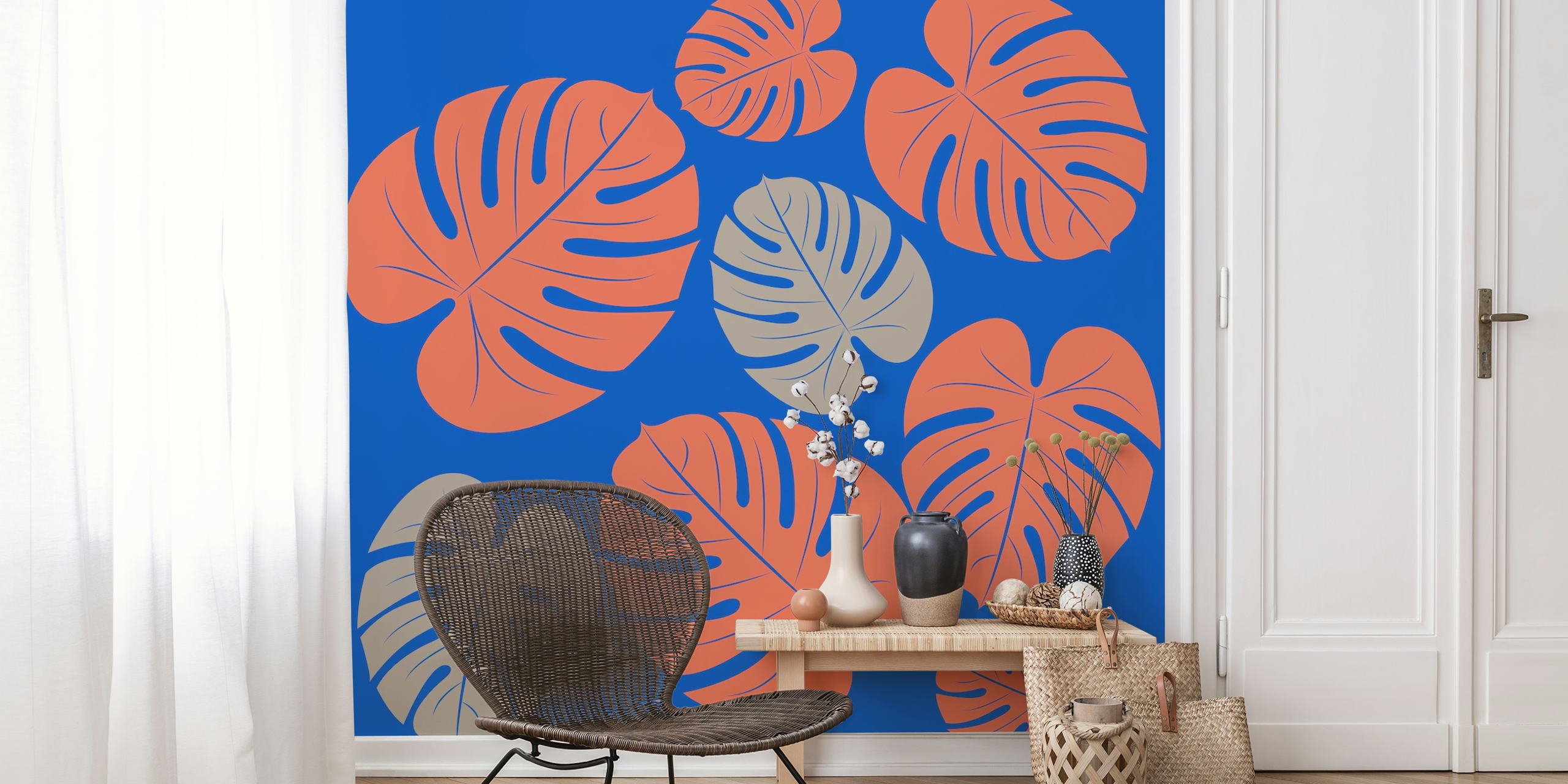 Cobalt blue wallpaper with orange and tan leaves