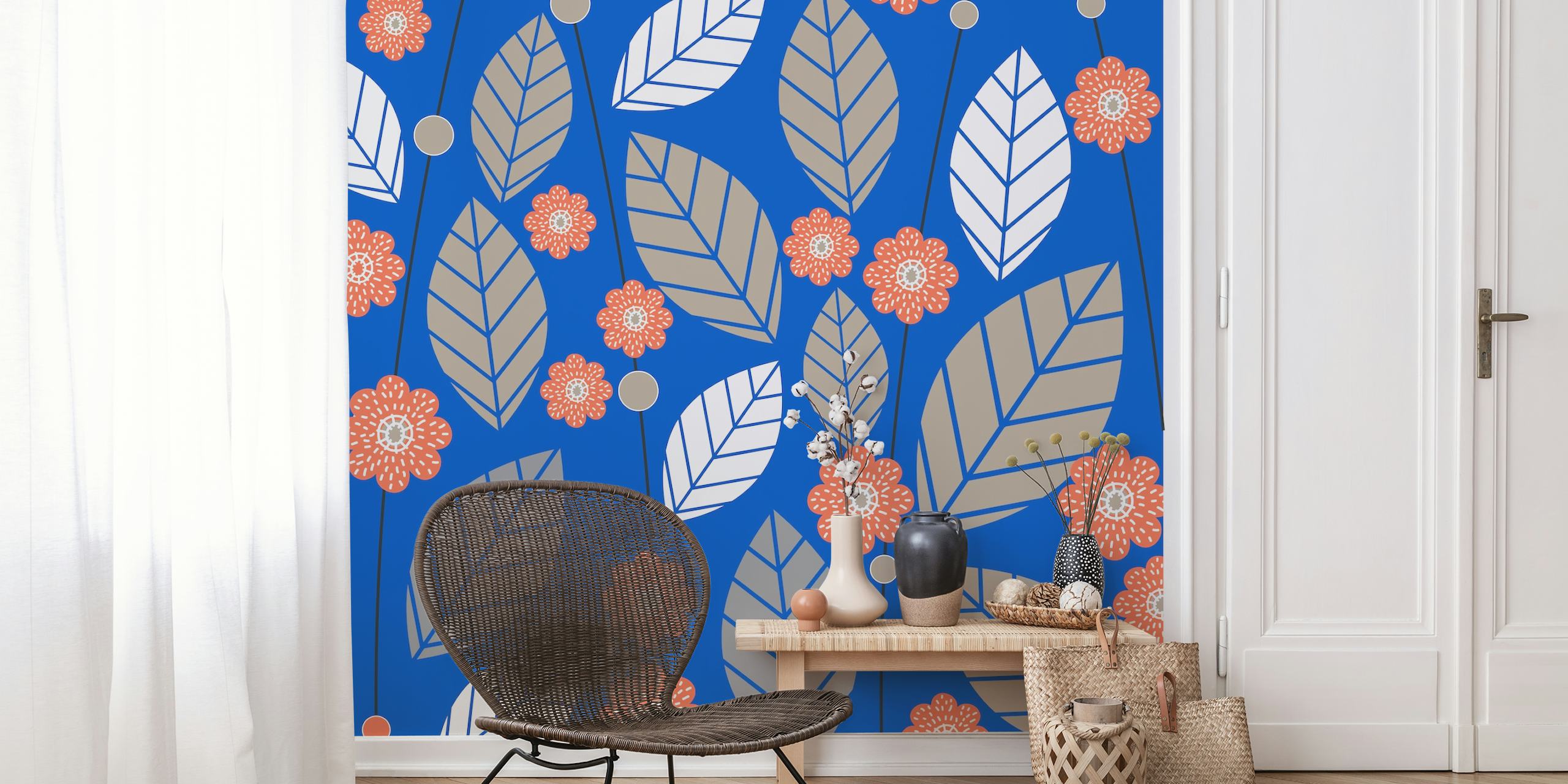 Navy blue flower leaves pattern carta da parati in camera