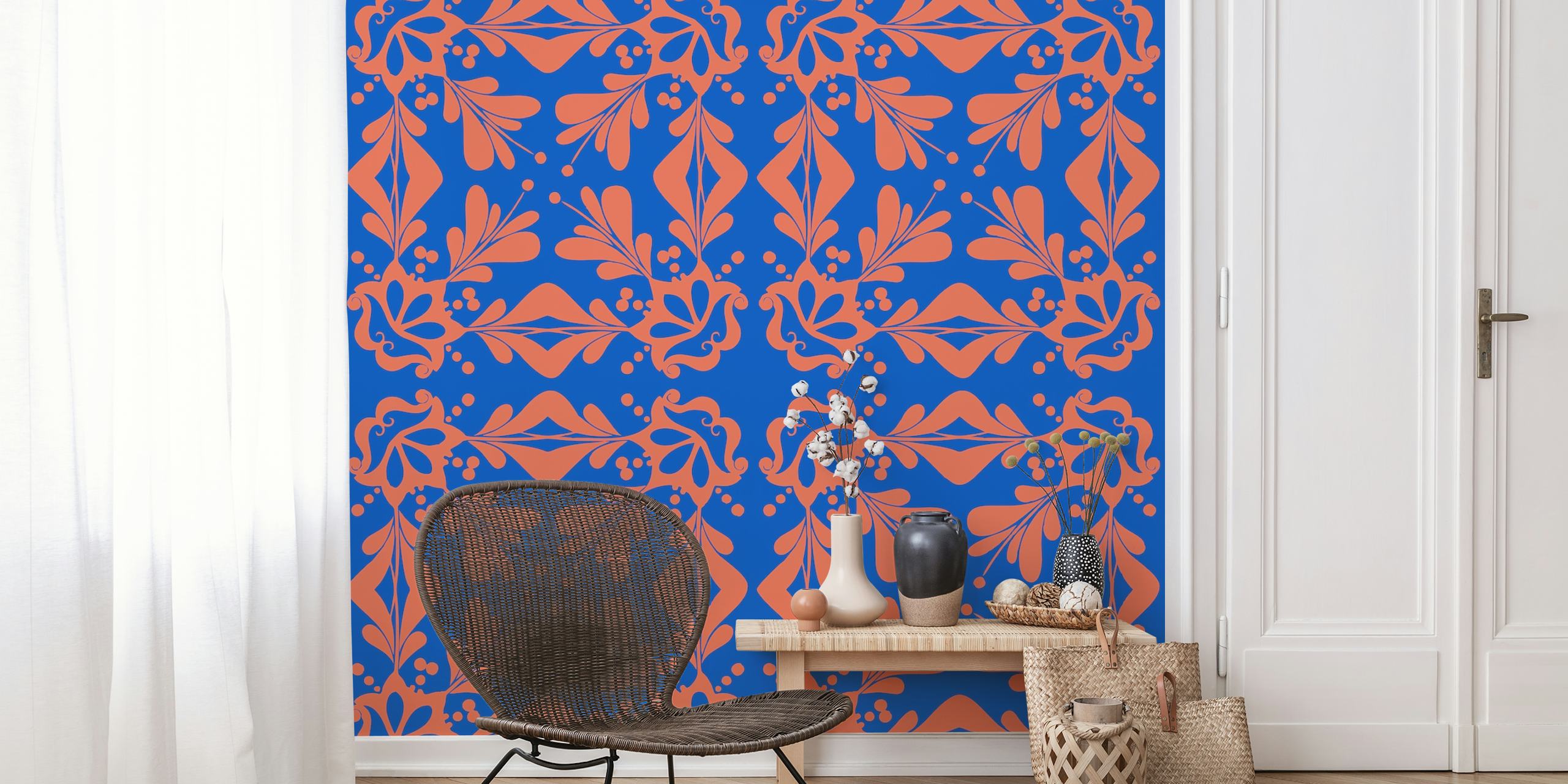 Moroccan cobalt blue orange ornament wallpaper design