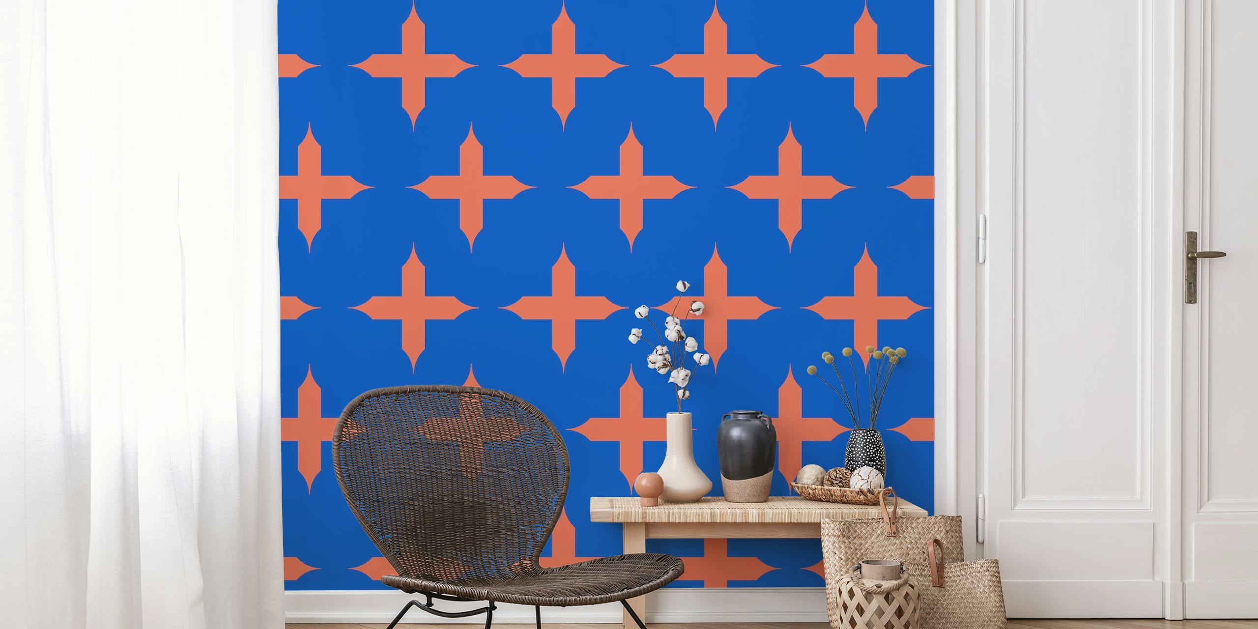 Geometric cross pattern in azure blue and orange wallpaper