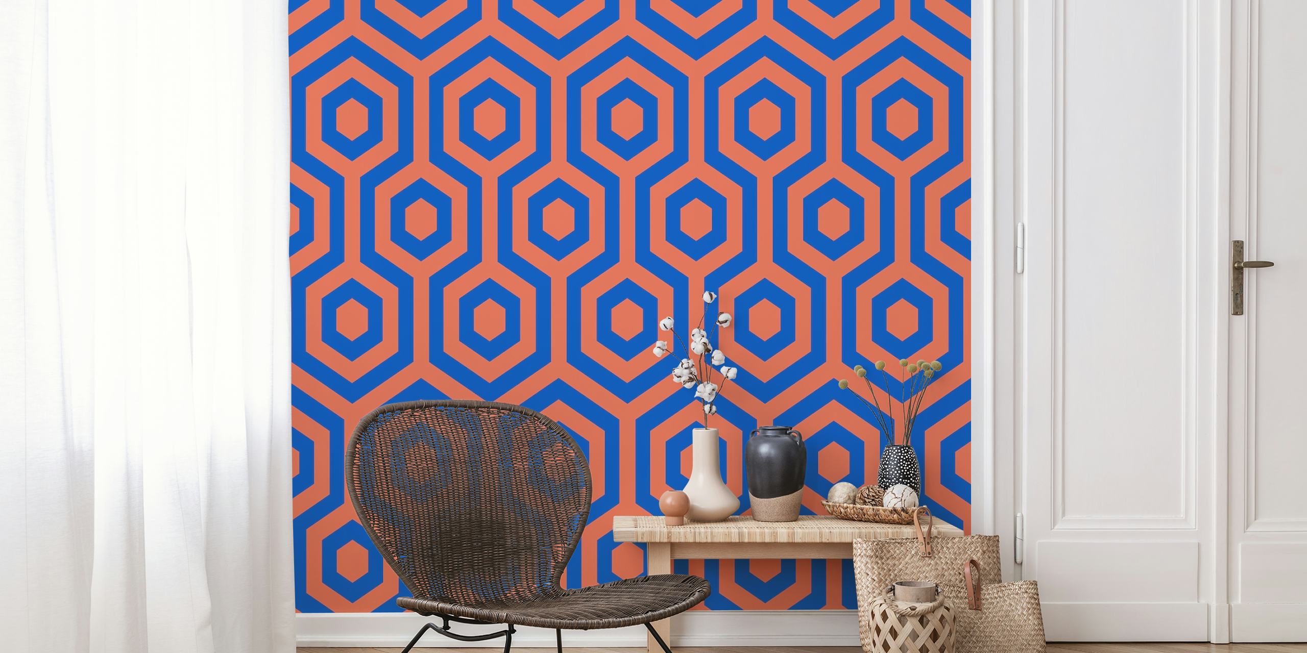 Geometric pattern featuring rust orange and blue hexagons wallpaper