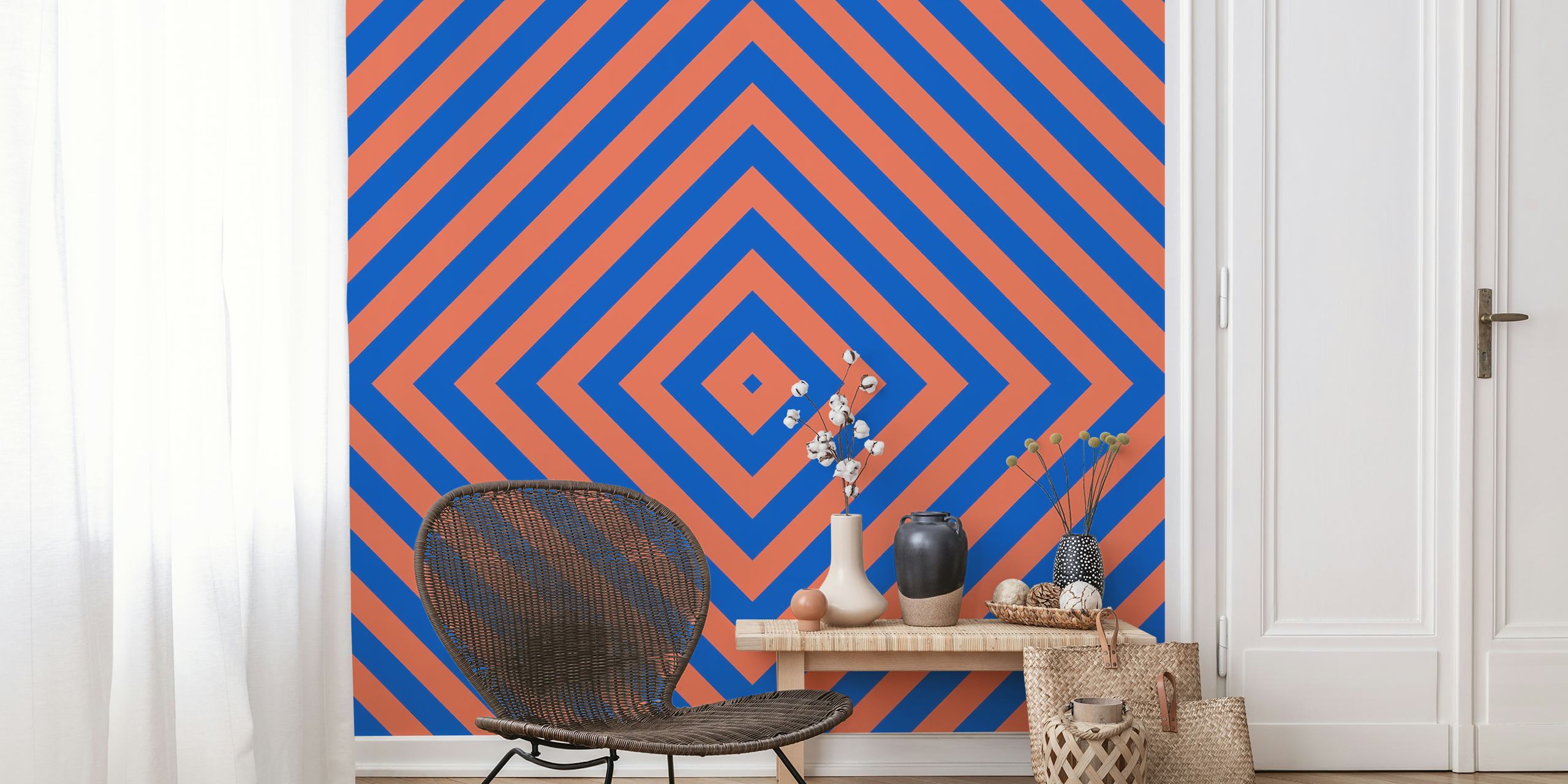 Geometric pattern with rust orange and blue diagonal stripes wallpaper