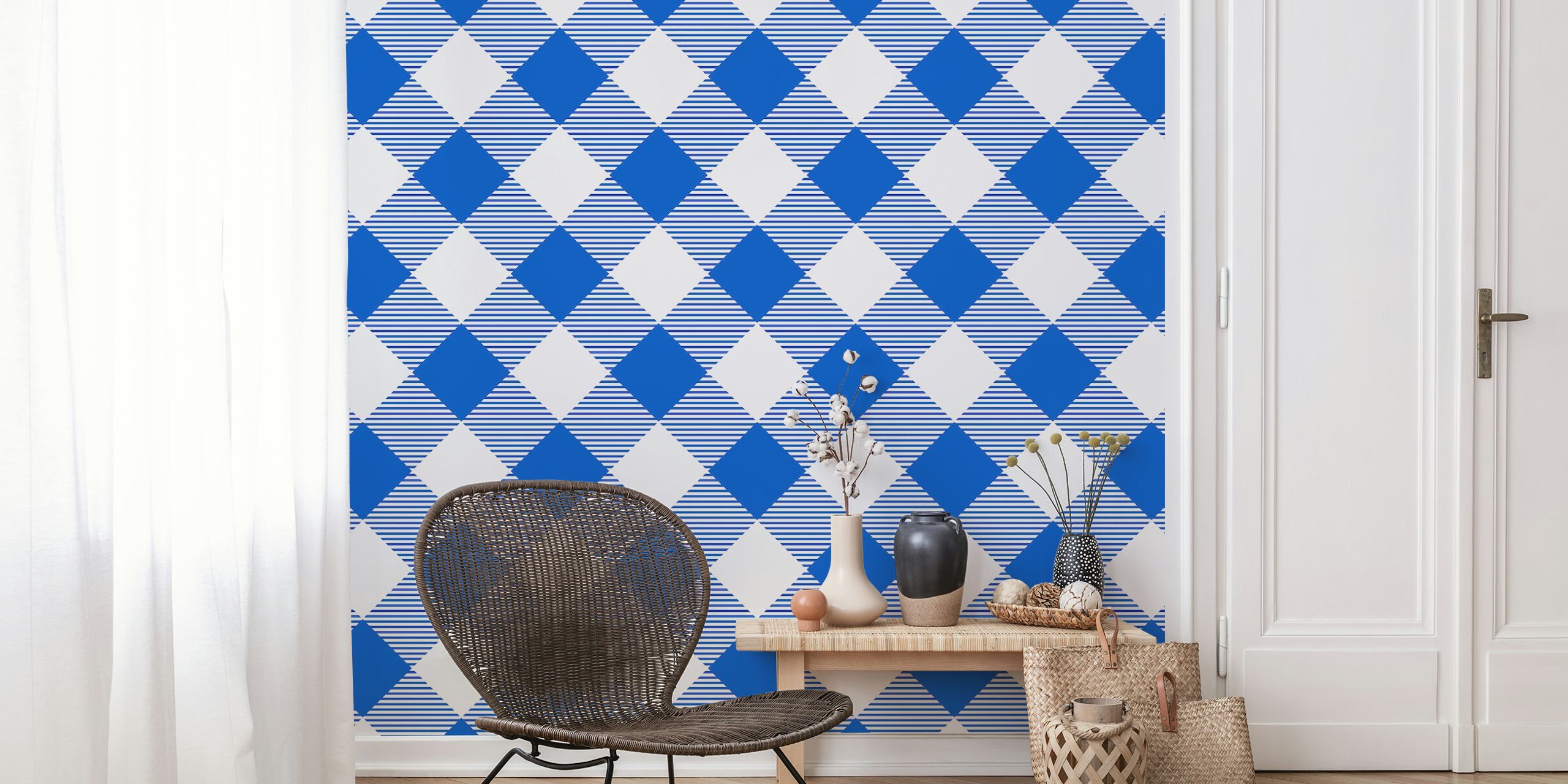 White and azure blue gingham check pattern wall mural