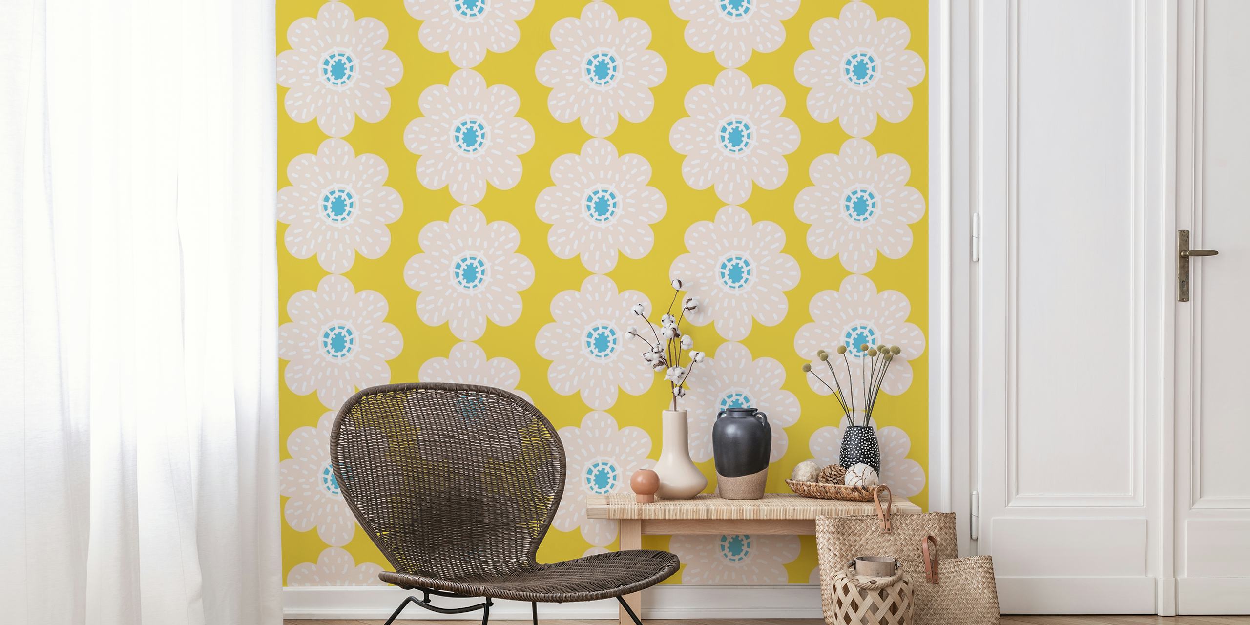 Honey yellow floral daisy pattern wallpaper in a room