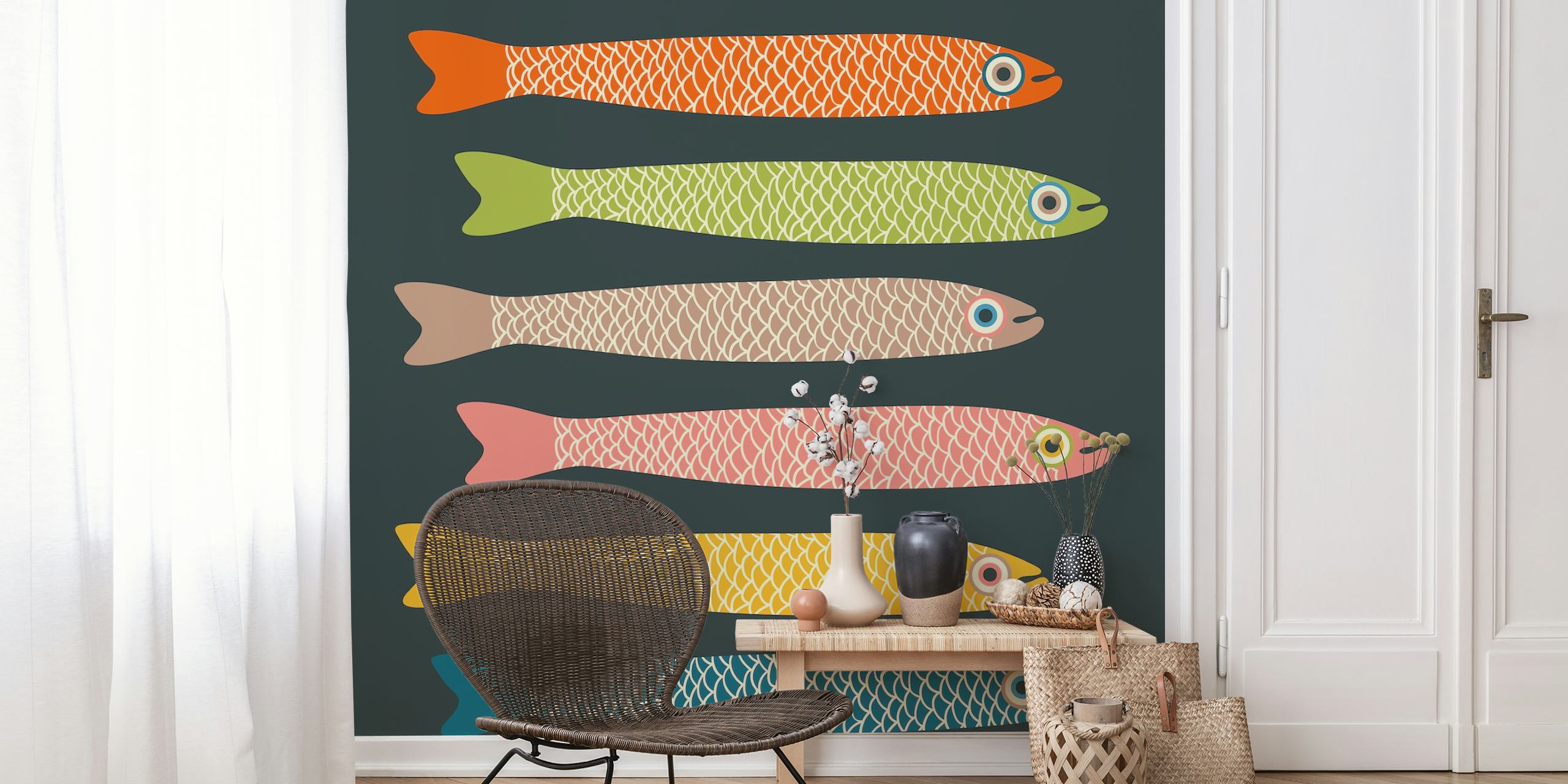 Retro fish wallpaper on charcoal background