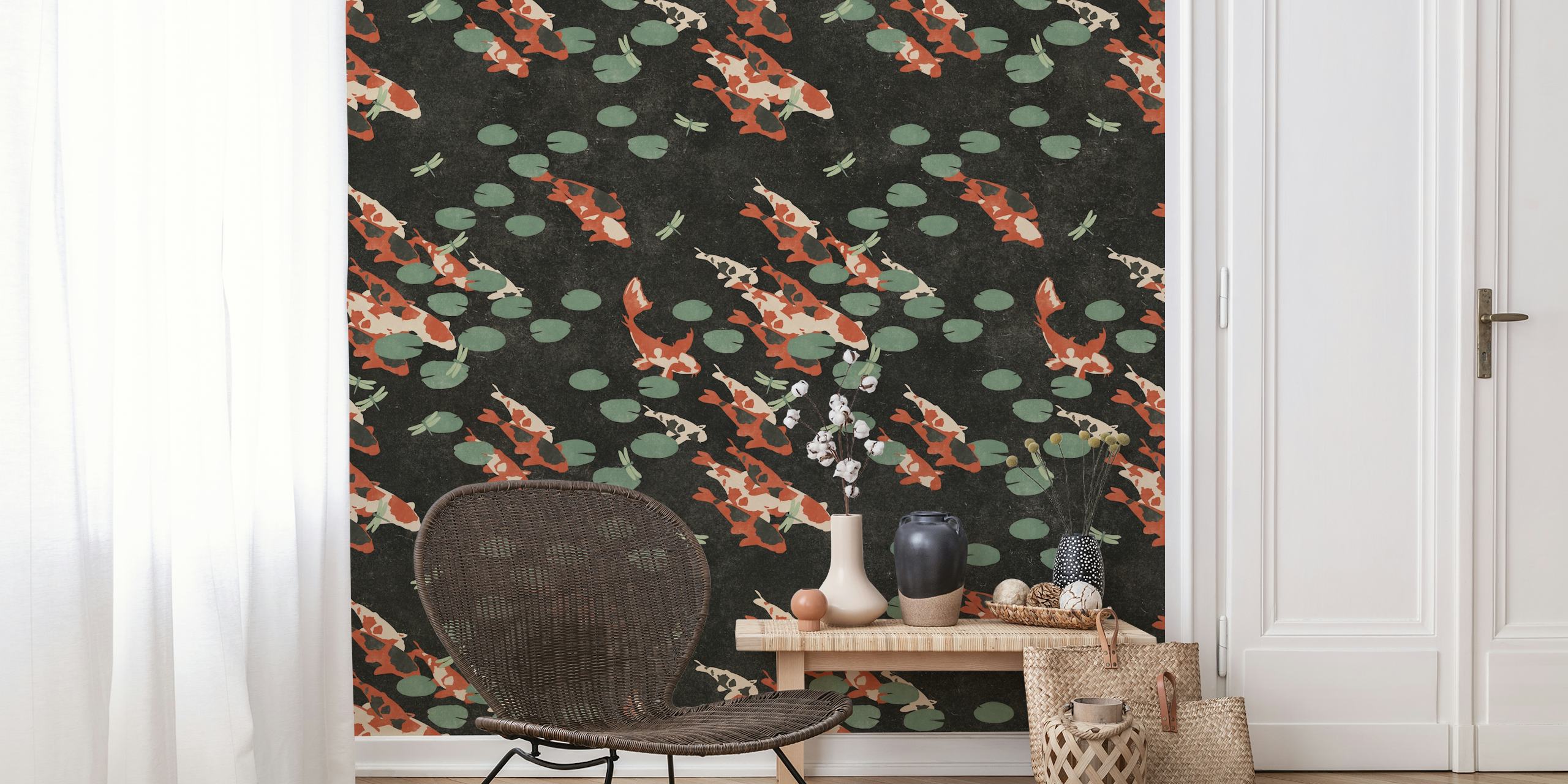 Japanese Koi fish and lotus leaves pattern wall mural on a dark background