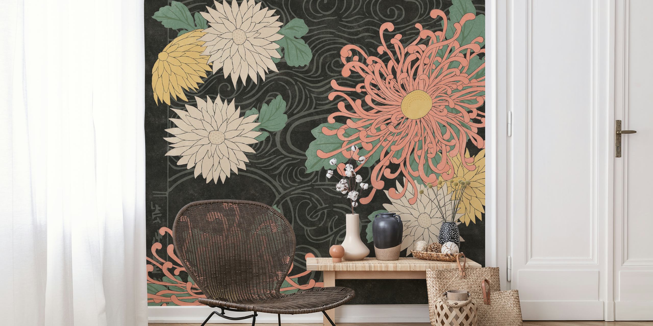 Japanese floral patterns with pink, white, and yellow flowers on a black background wallpaper