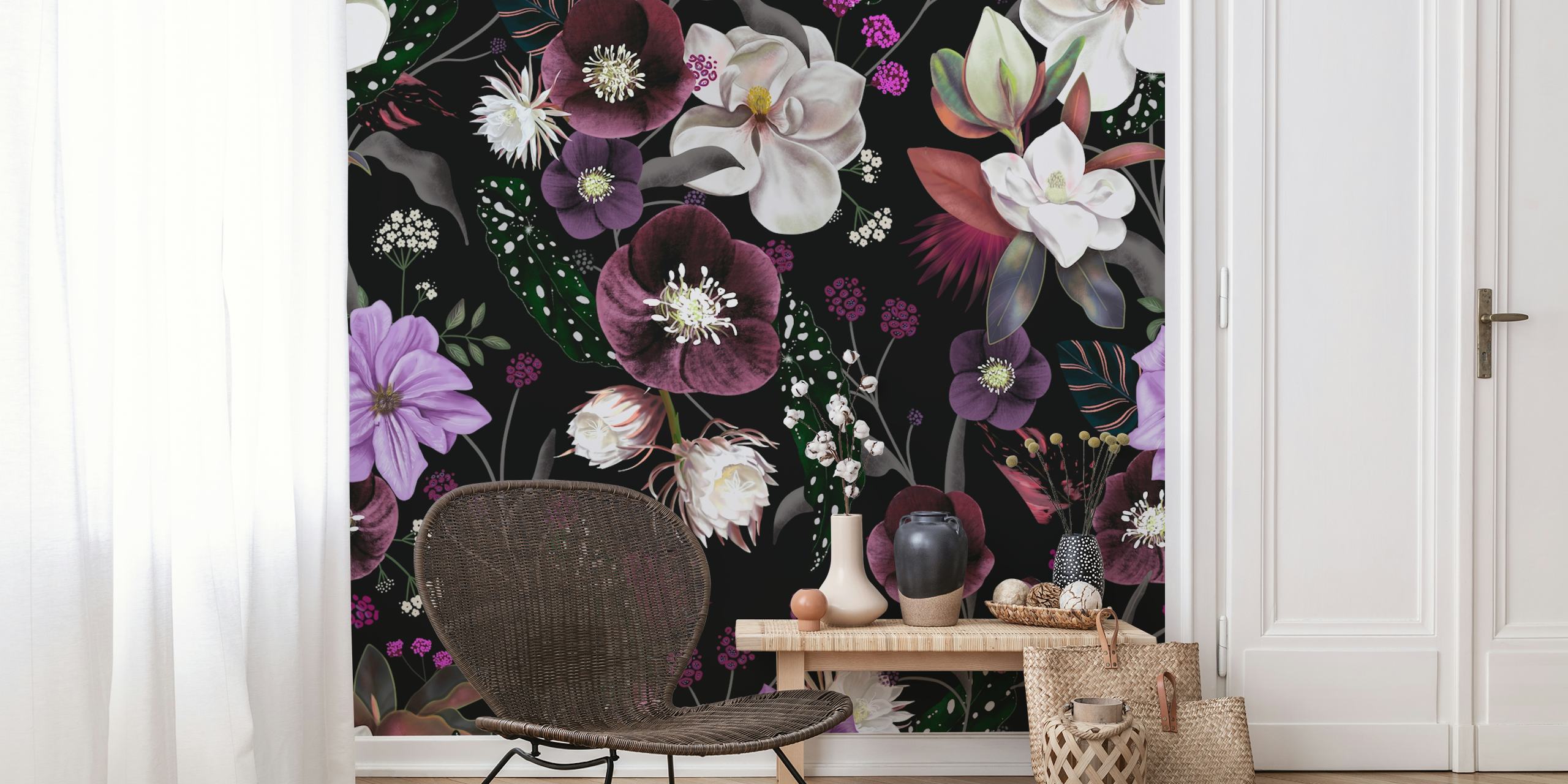 Midnight Dark Botanical Dream tapet i ett rum