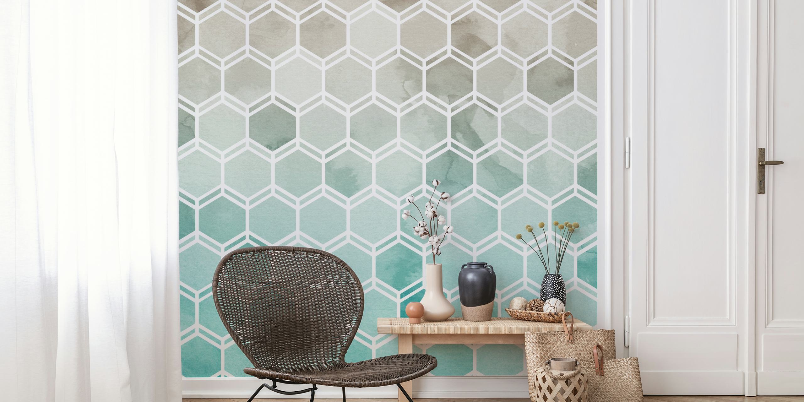 Honeycomb grey to aqua wallpaper in a room