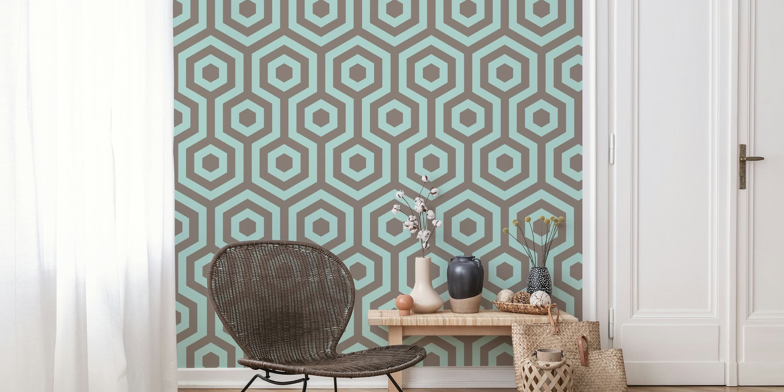 Hexagon pattern in pastel blue and brown wallpaper