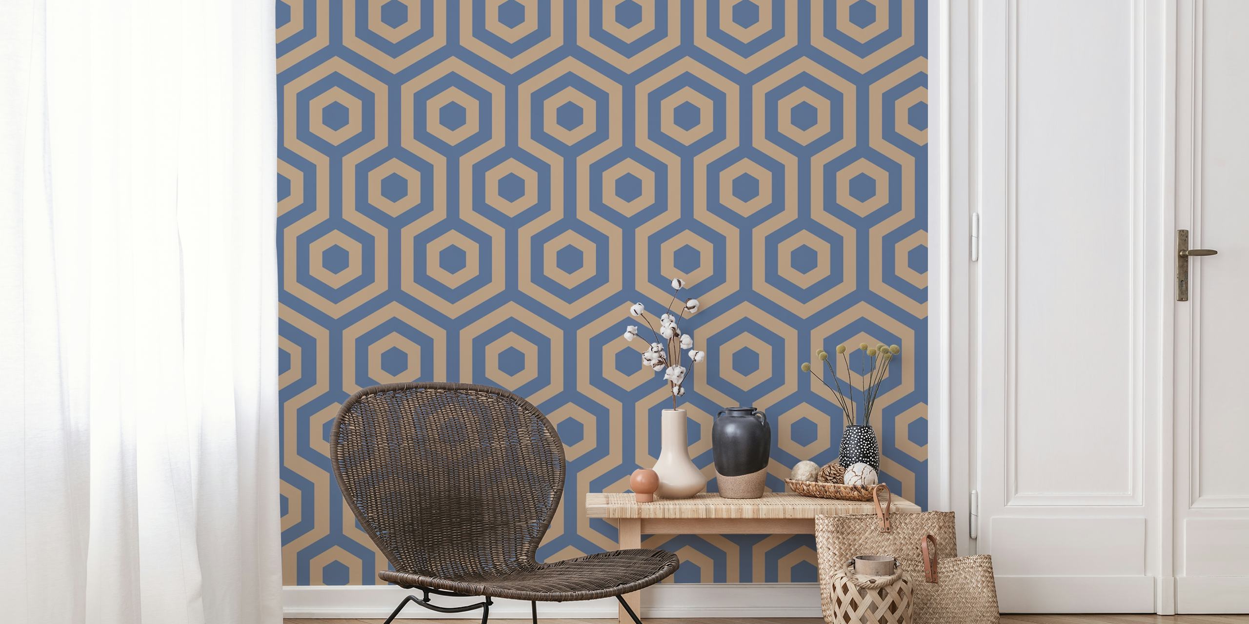 Beige and navy blue geometric honeycomb pattern wallpaper