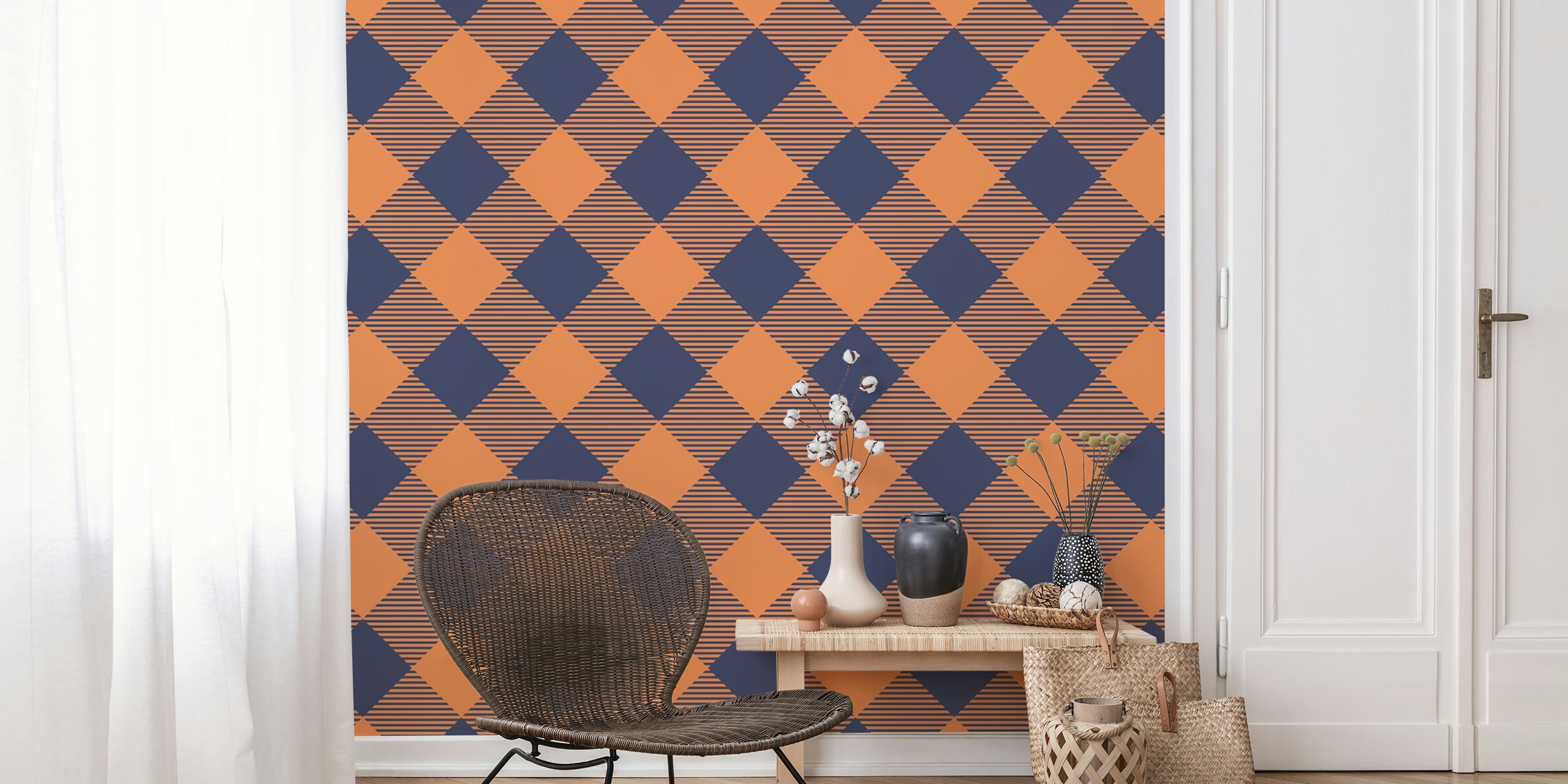Dark blue and orange gingham pattern wallpaper