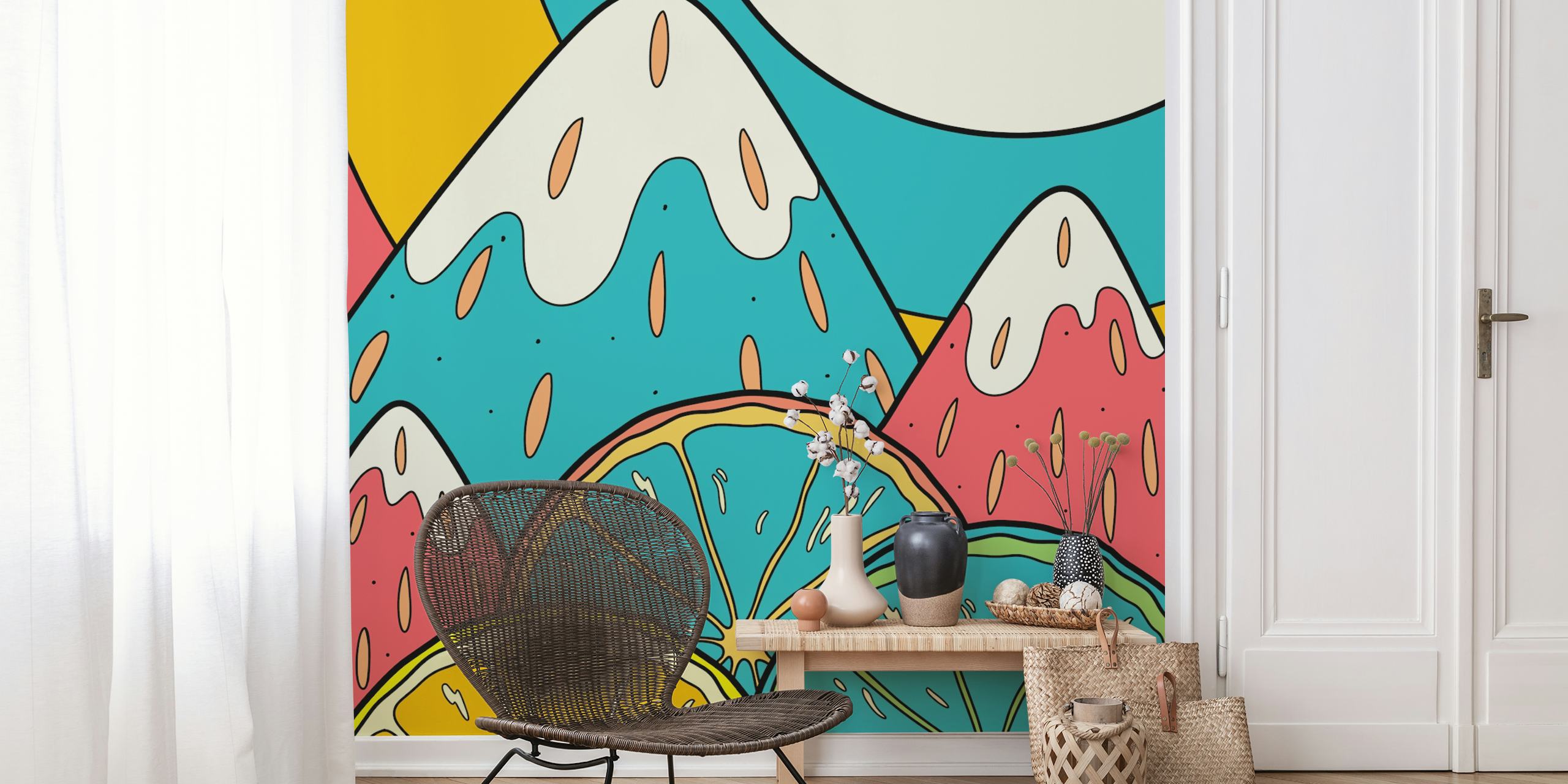 Colorful citrus slices with teal, pink, and yellow mountains wallpaper