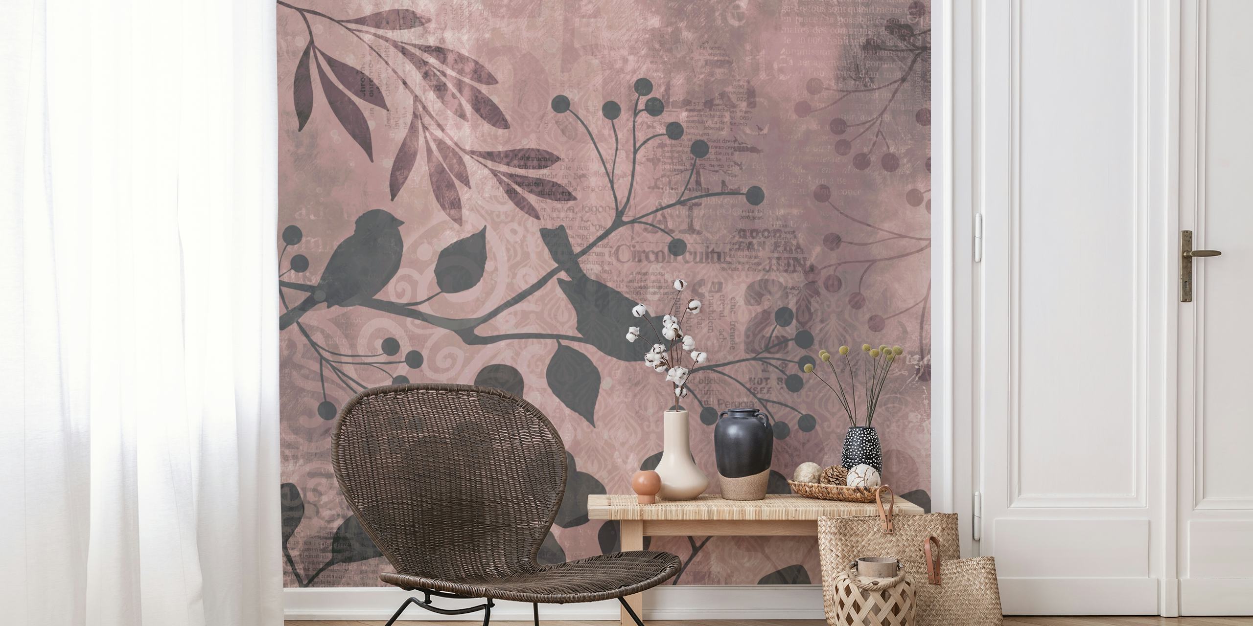 Birds on branches with leaves in muted tones wallpaper