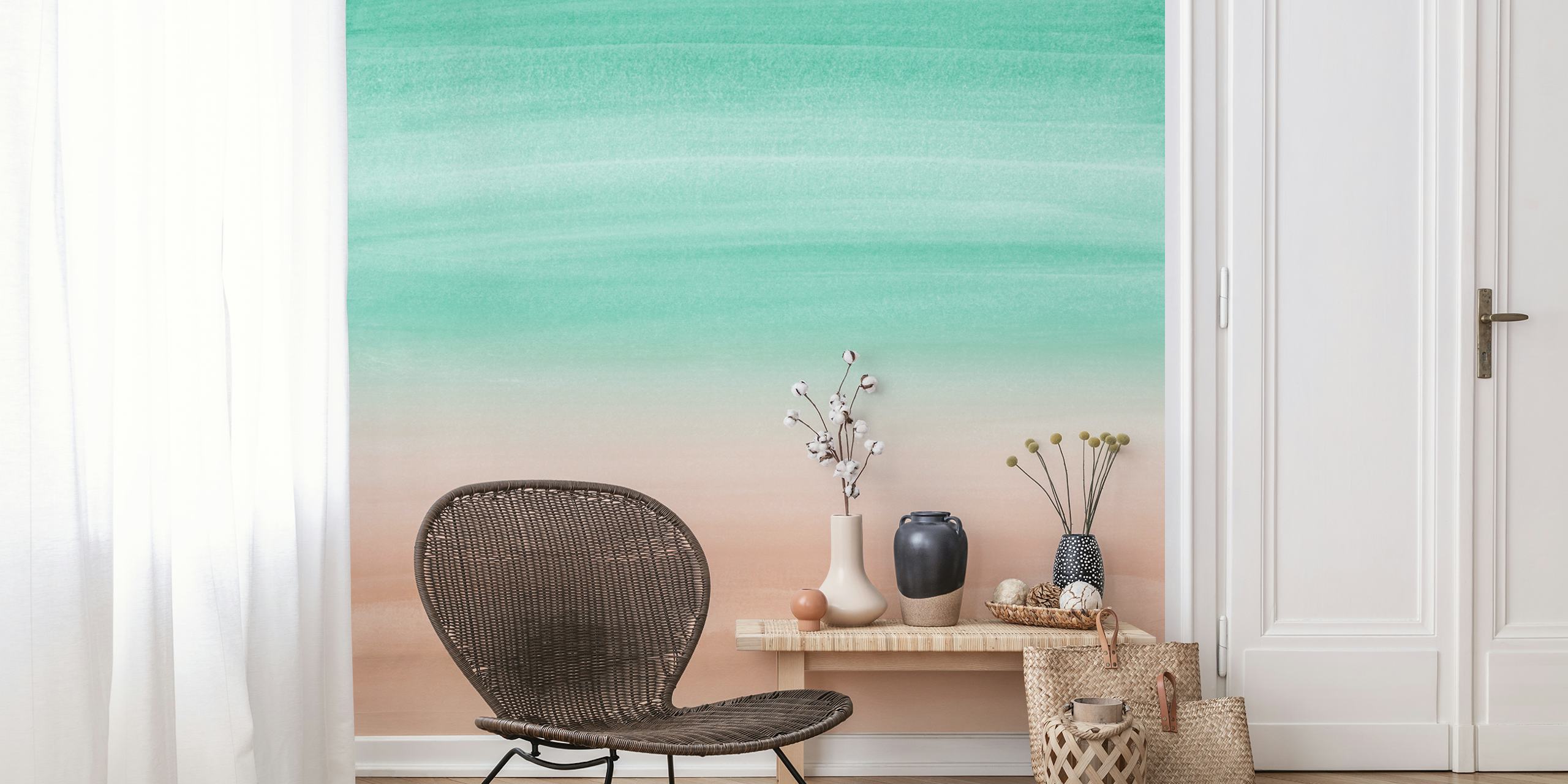 Abstract watercolor pattern with emerald and beige tones wallpaper