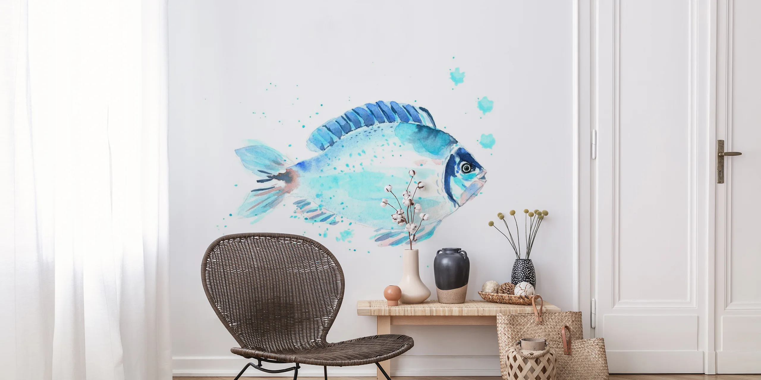 coastal watercolor blue fish wallpaper | Happywall