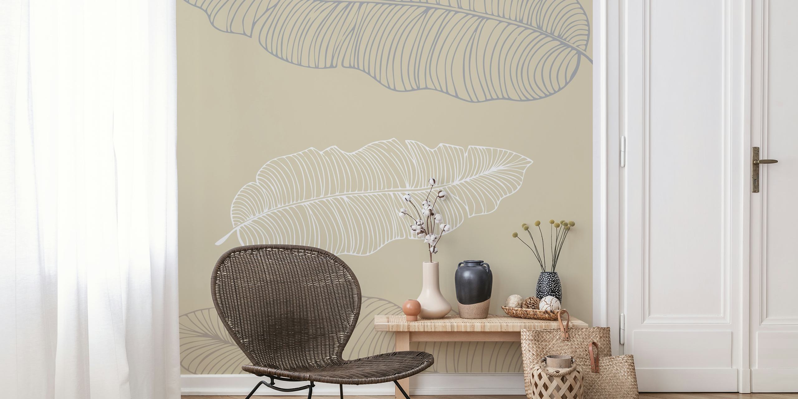 Large scale tan palm leaves wallpaper in a room