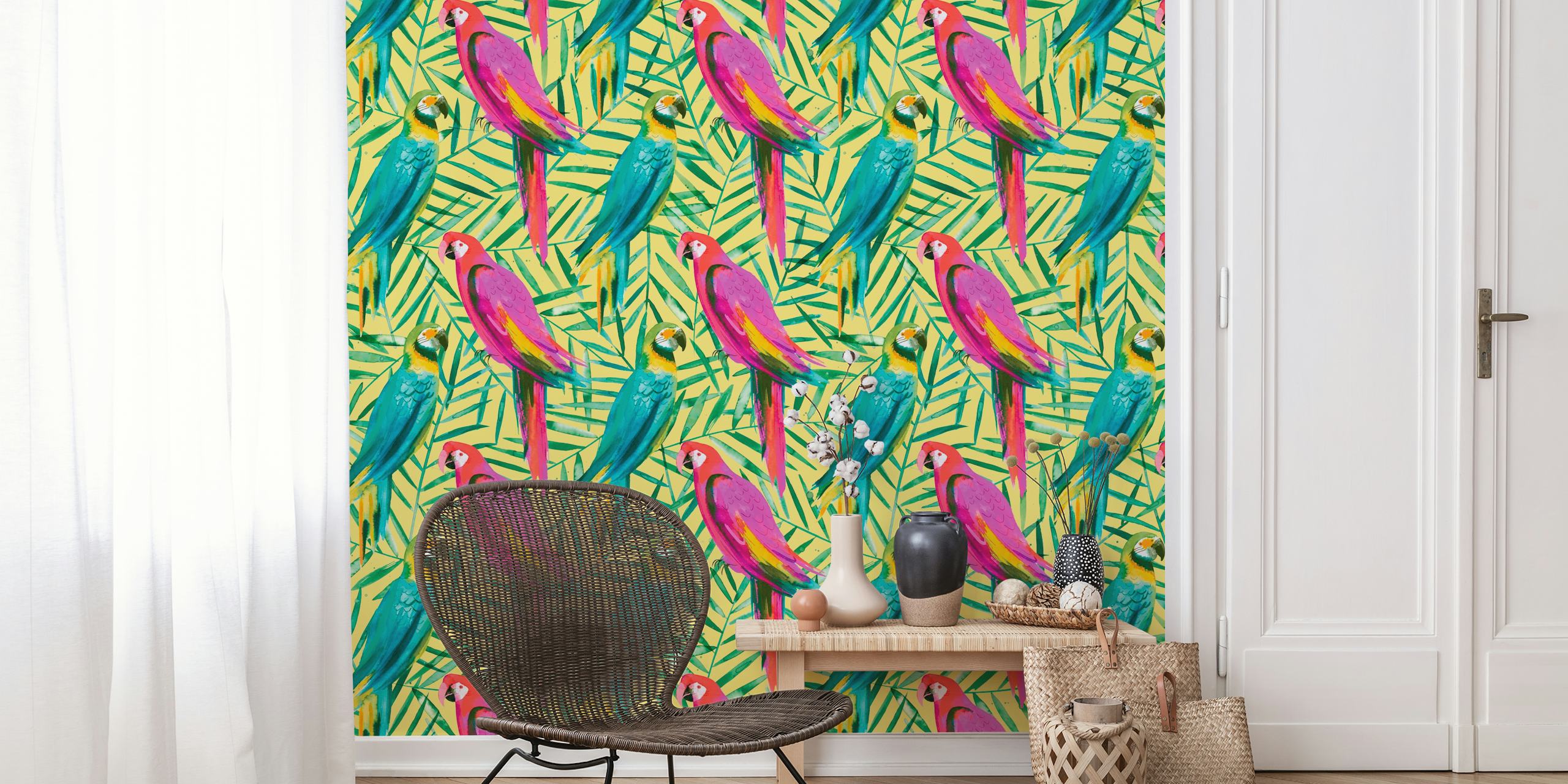 Tropical Parrots and Palms wallpaper in a room