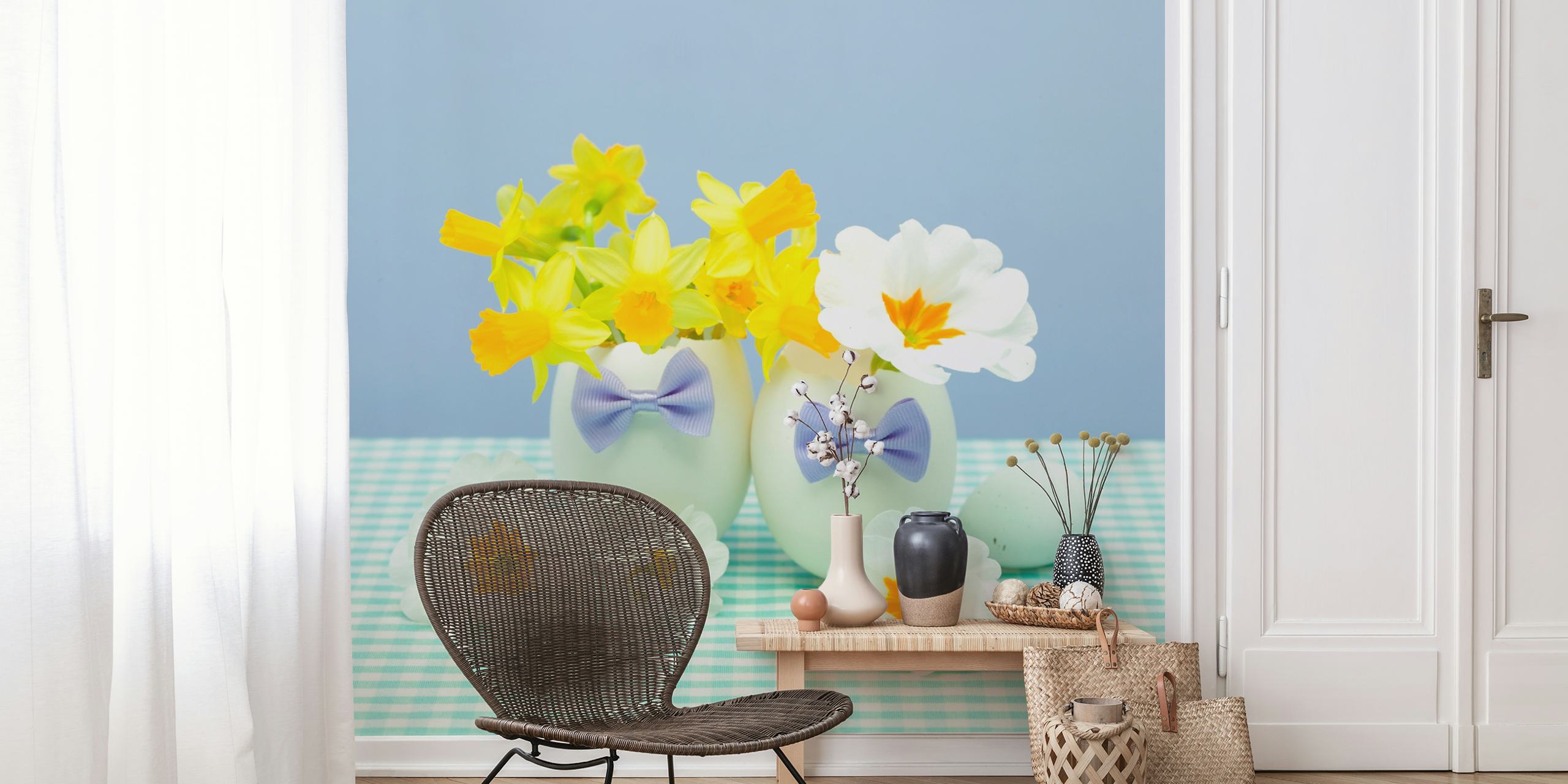 Colorful flower and egg arrangements on pastel wallpaper