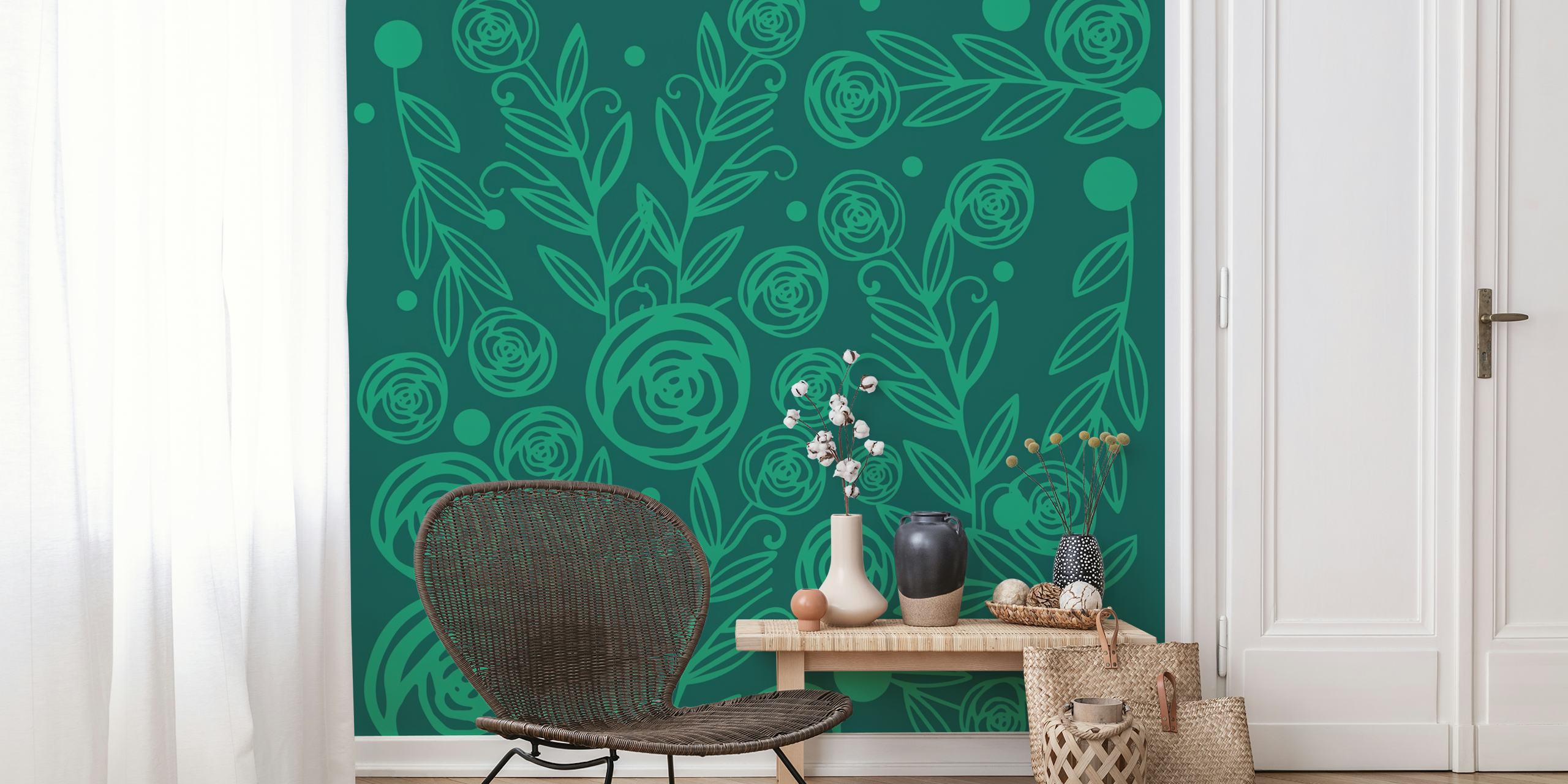 Handdrawn roses and leaves in dark green wallpaper