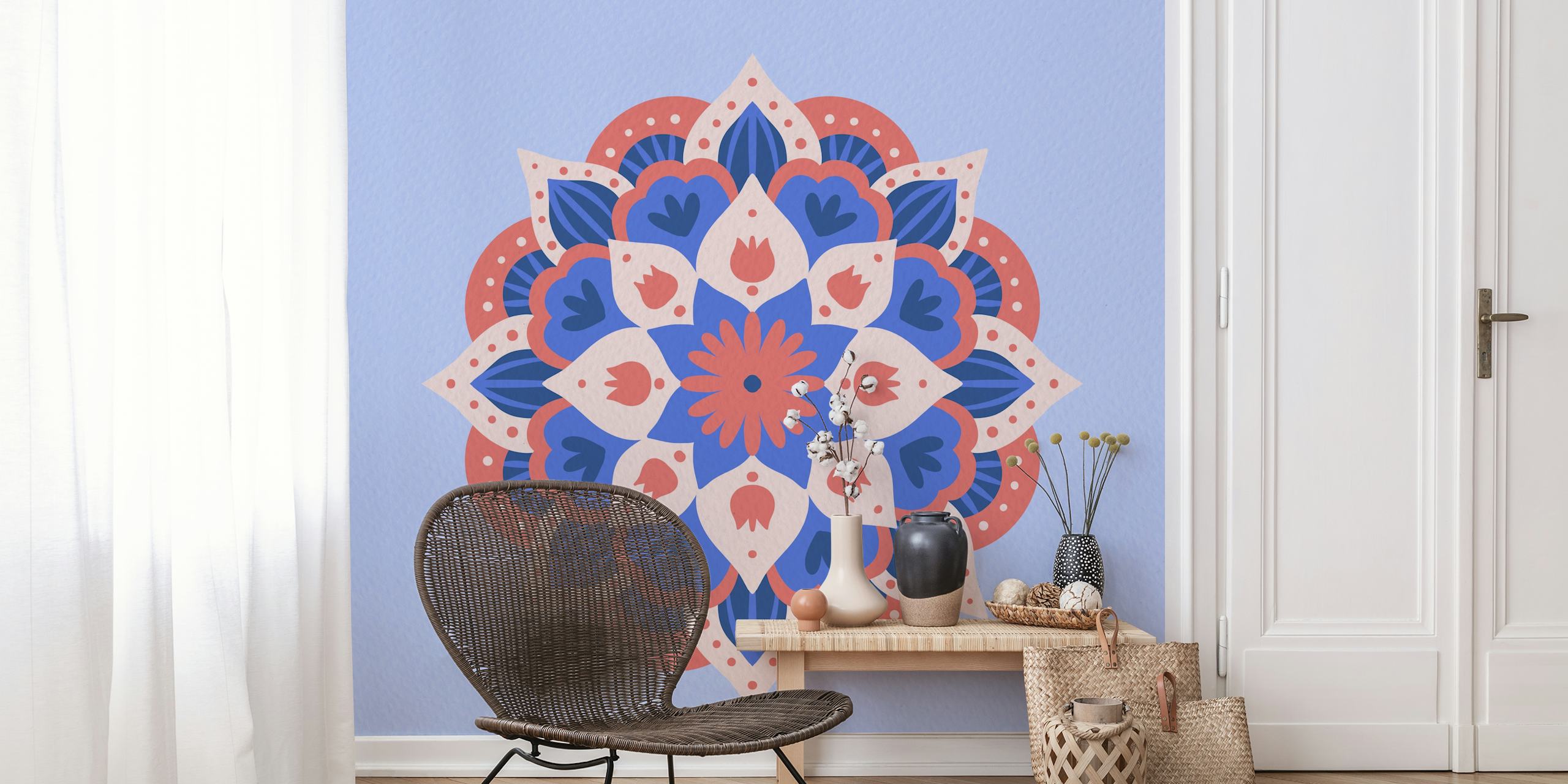 Modern dahlia mandala wallpaper in red and blue