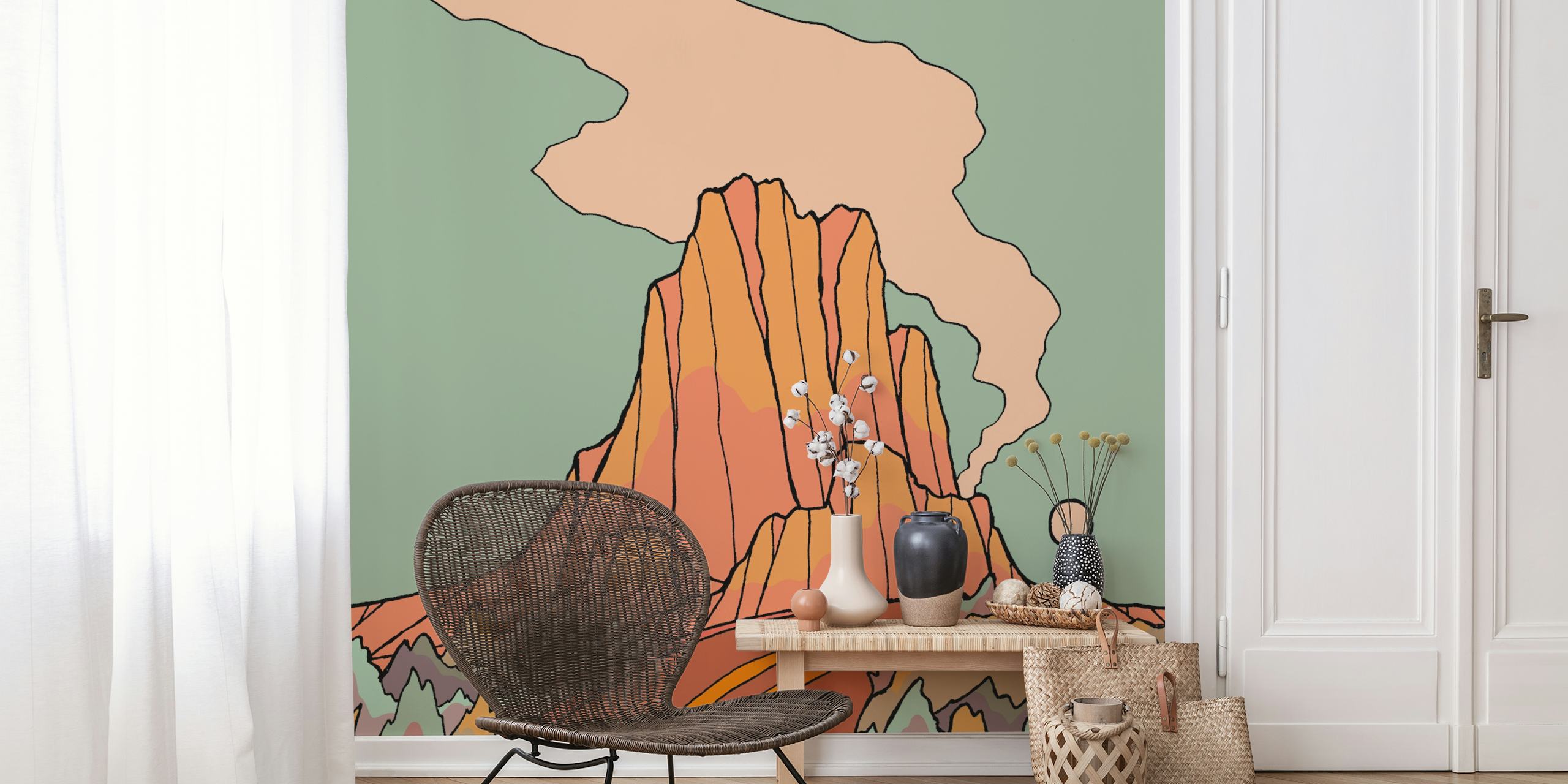 Stylized mountain landscape with a road and pastel colors wallpaper