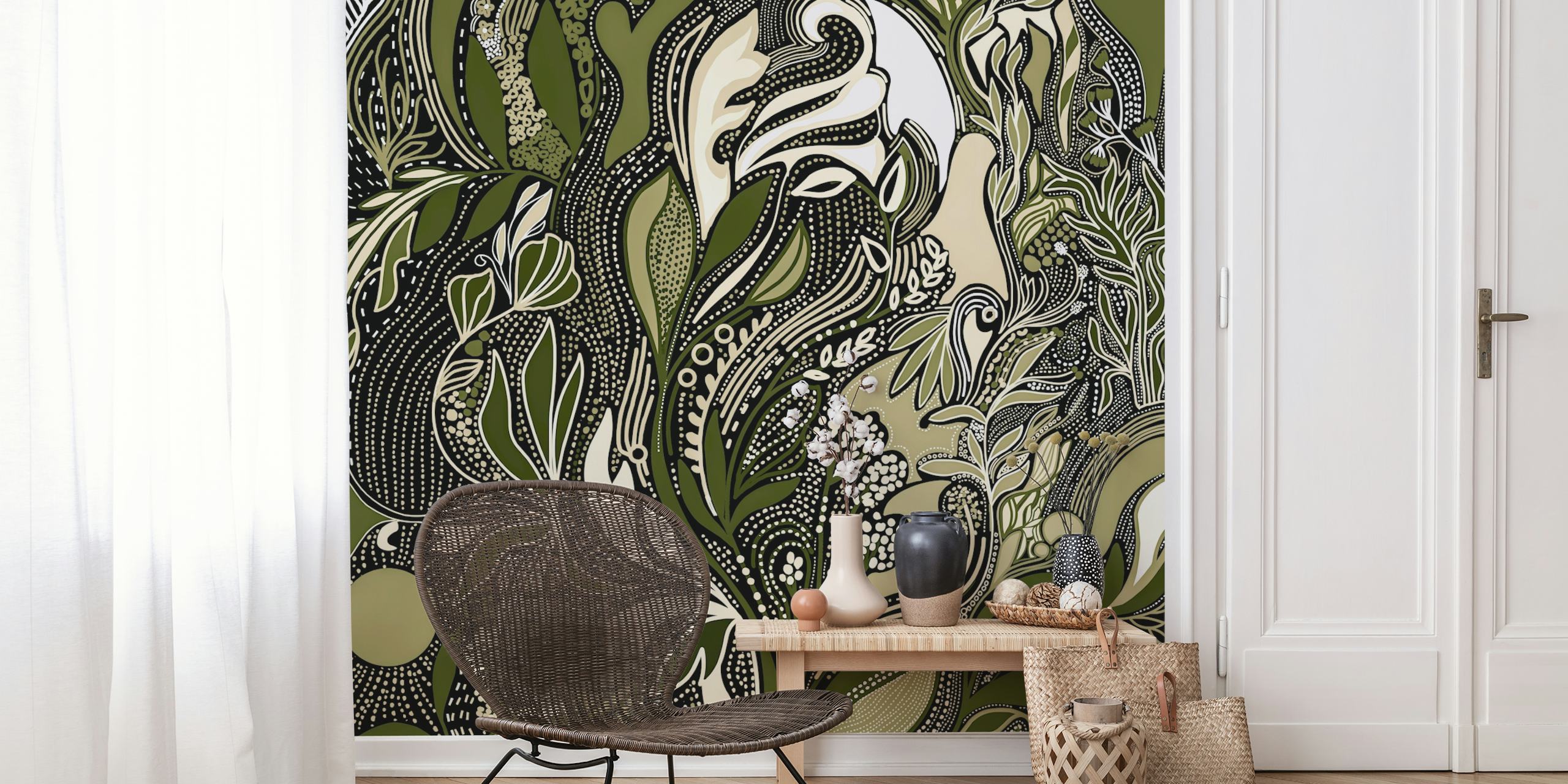 Botanical pattern in green and beige tones wallpaper
