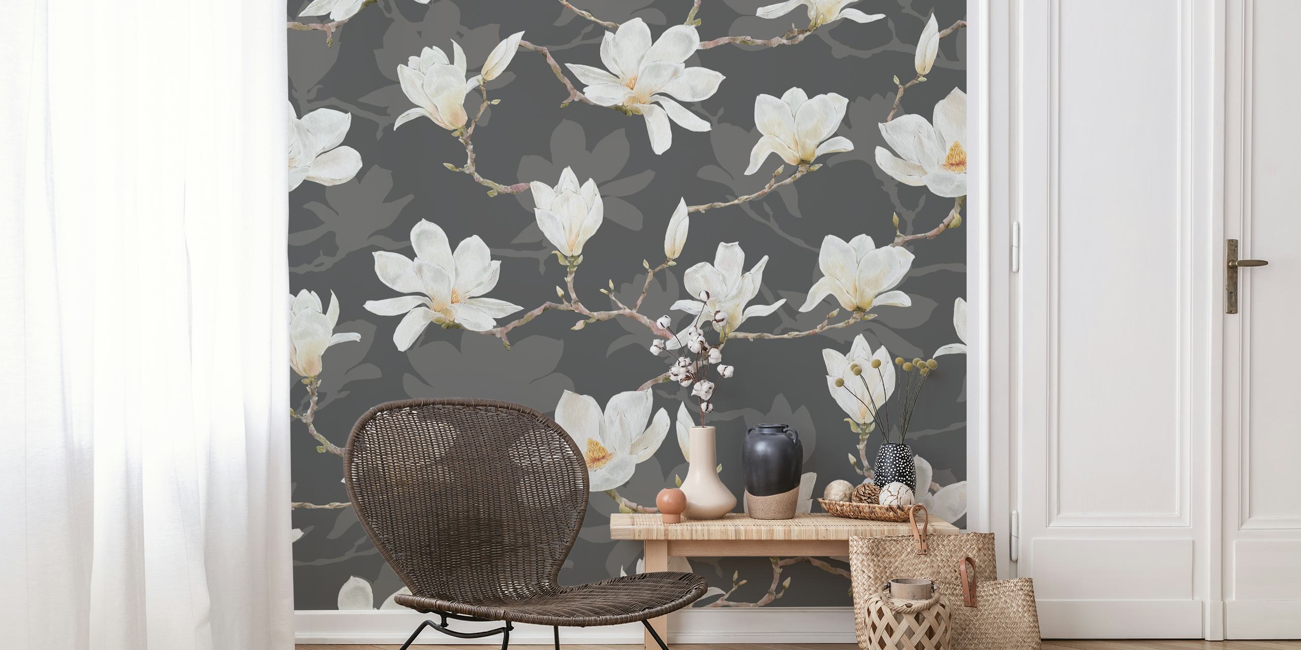 White magnolias on gray background floral wallpaper