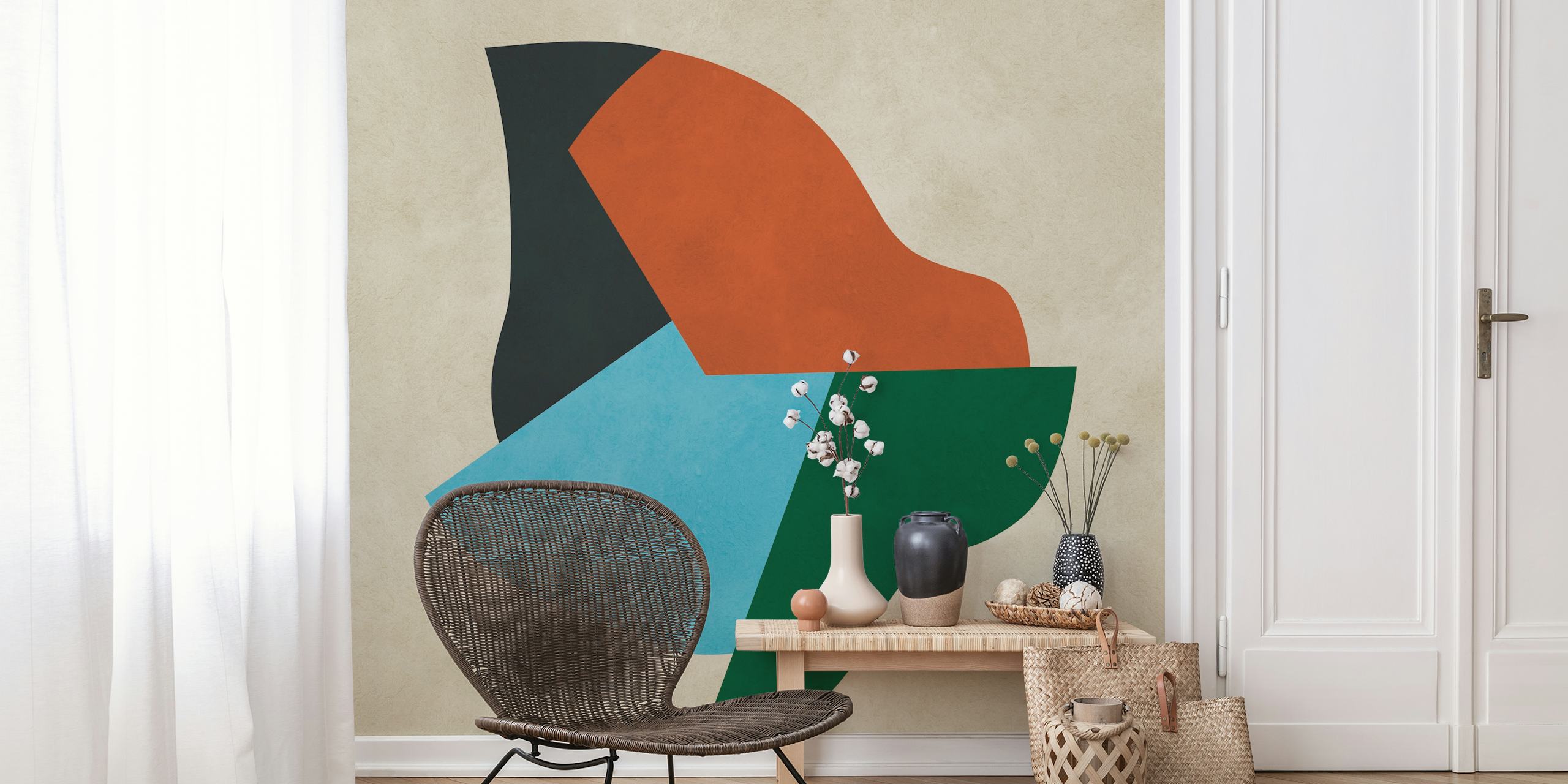 Abstract shapes in teal, black, brown, and green wallpaper