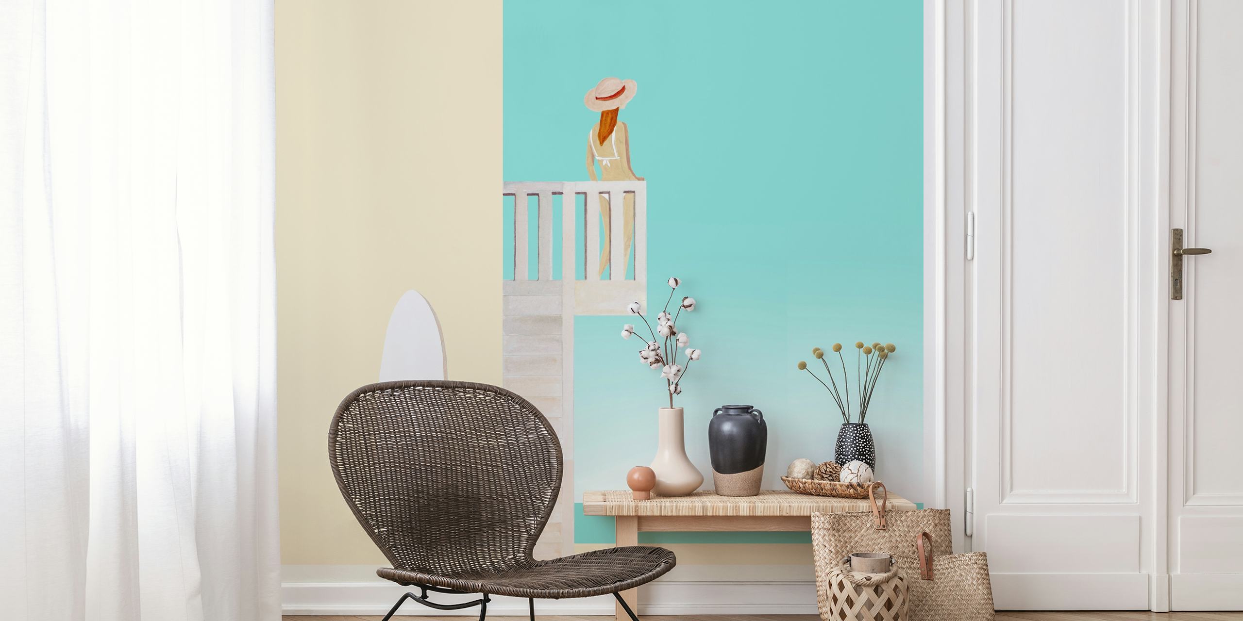 Woman in hat on balcony with ocean view, beach wall mural