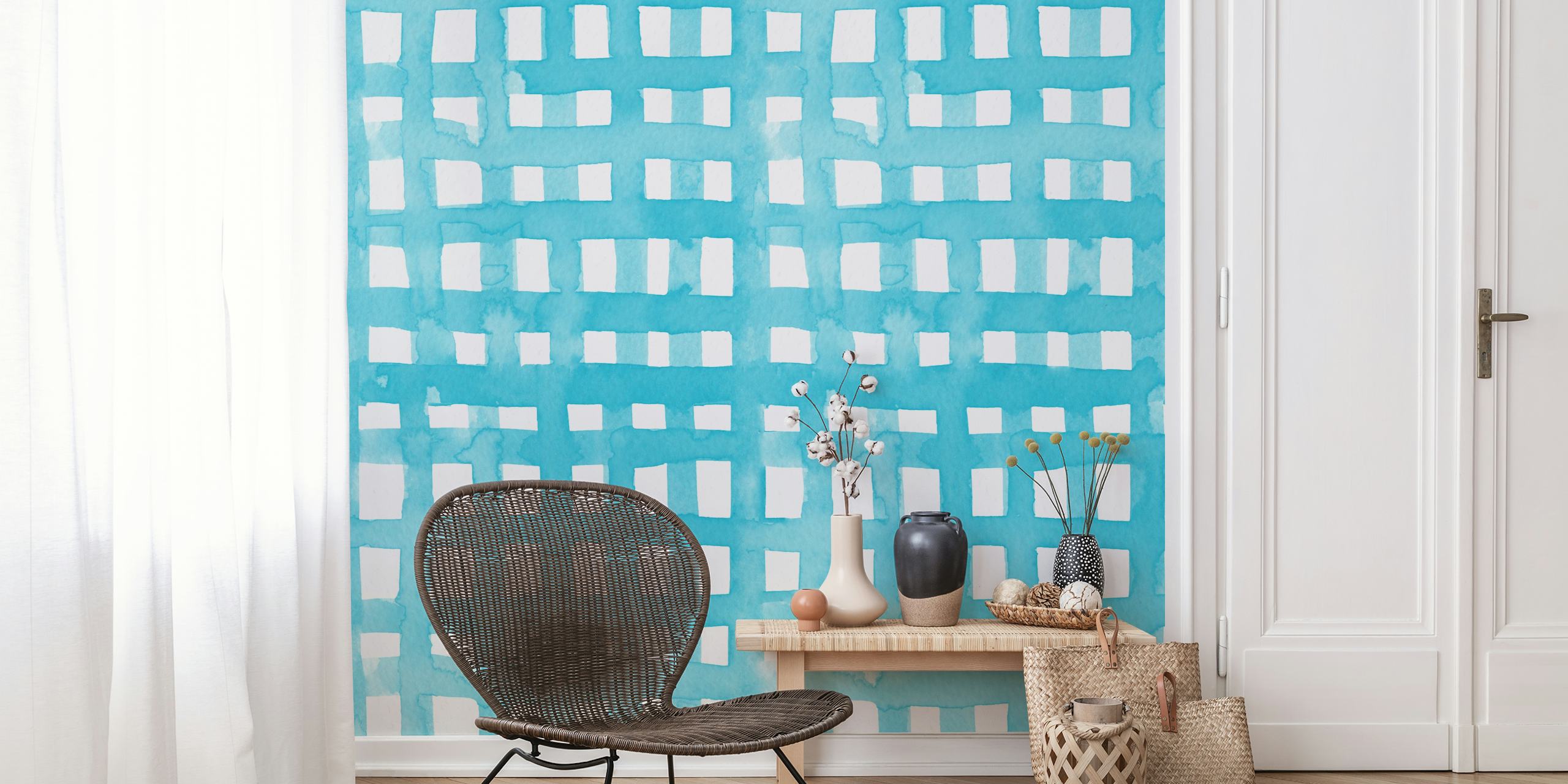 Pastel blue grid watercolor wallpaper displayed in a room