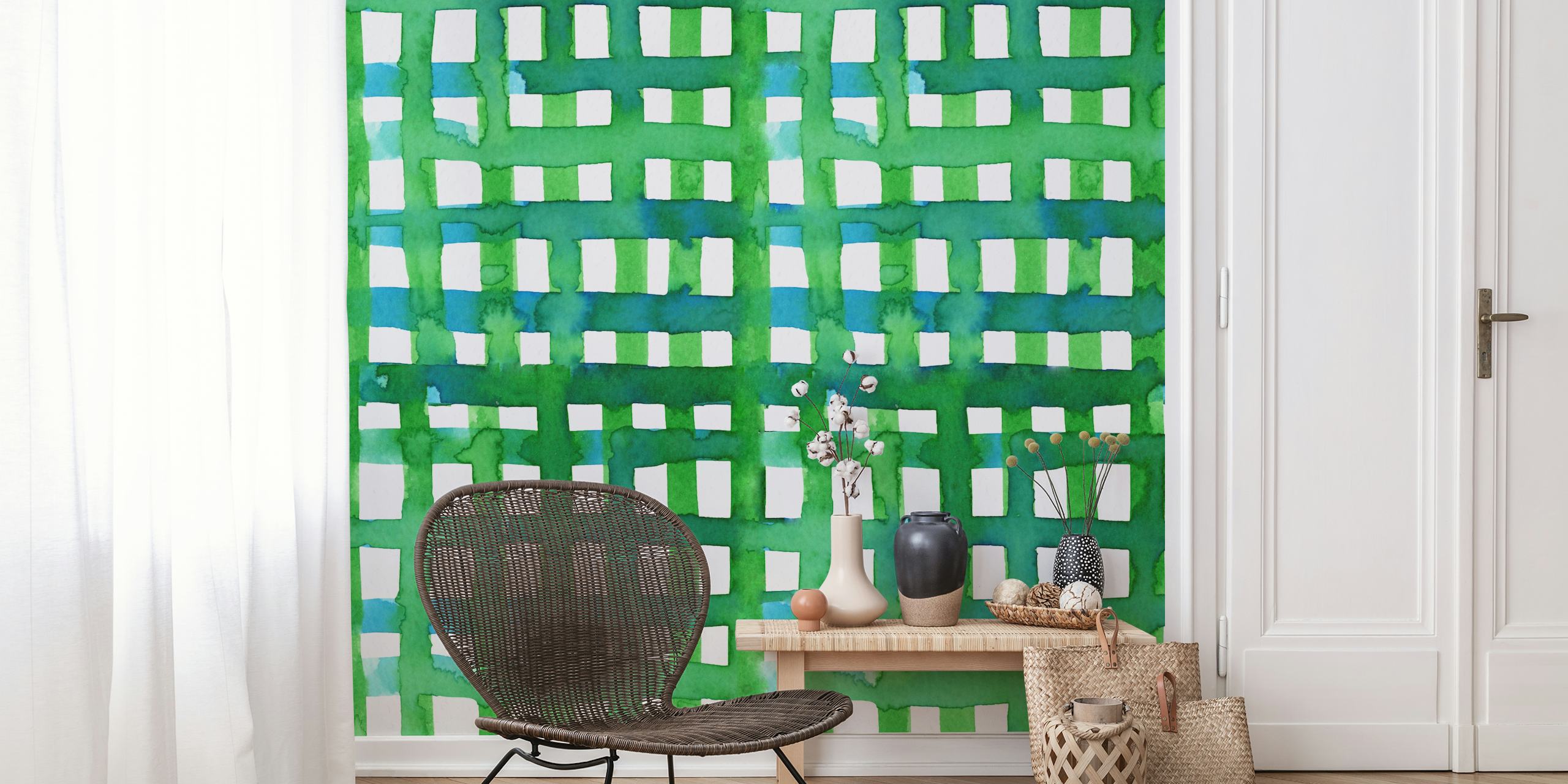 Green geometric grid pattern wallpaper with white squares