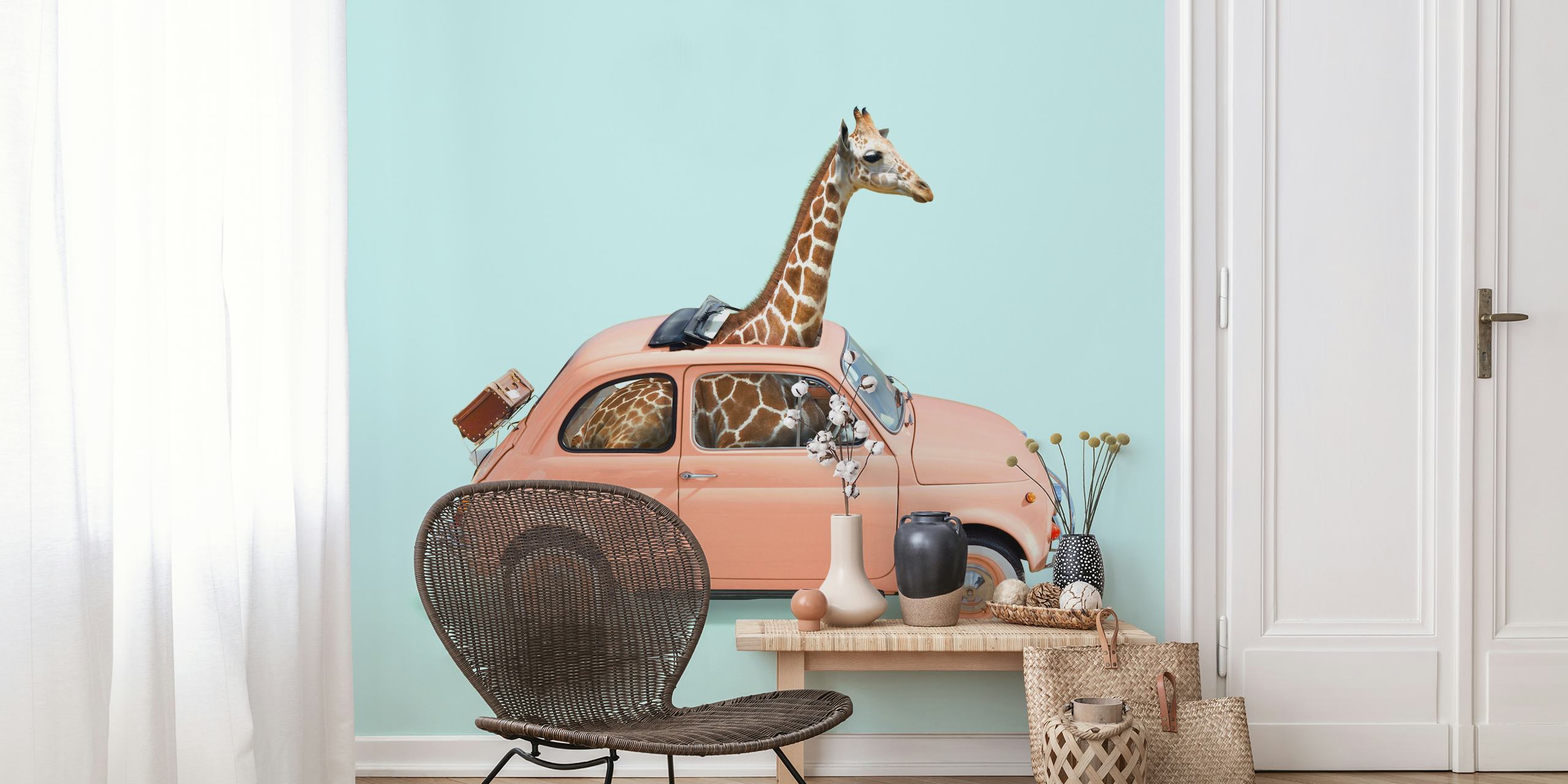 Giraffe i en pink bil tapet