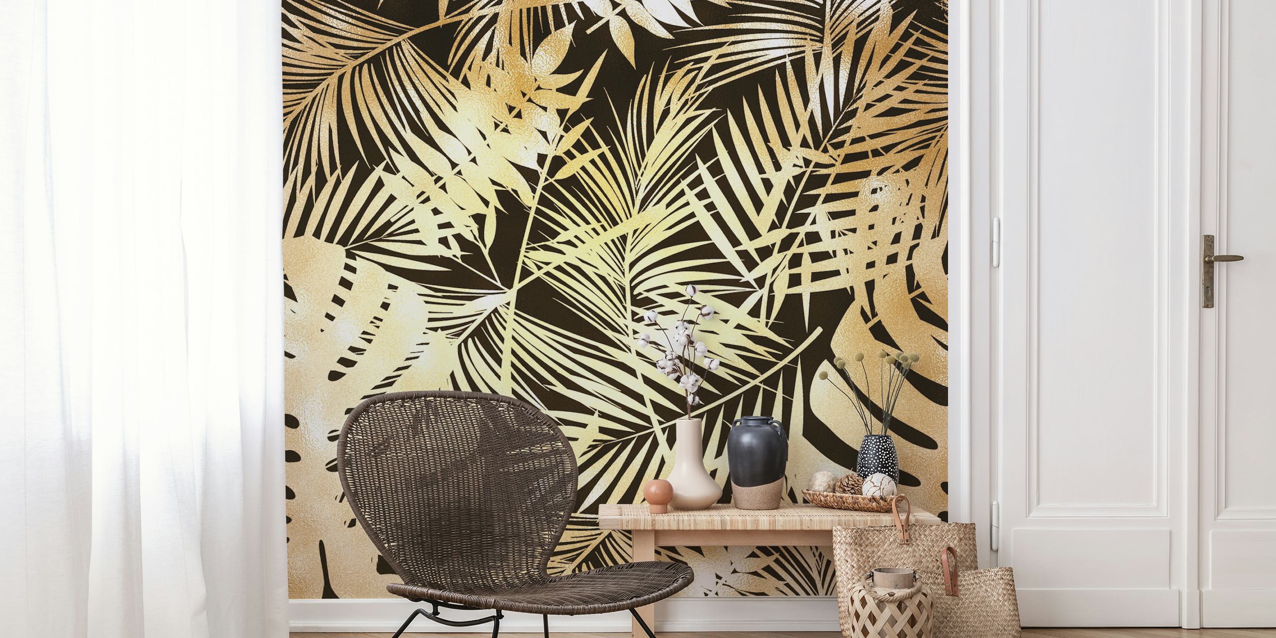 Tropical Gold Jungle Leaves wallpaper in a room