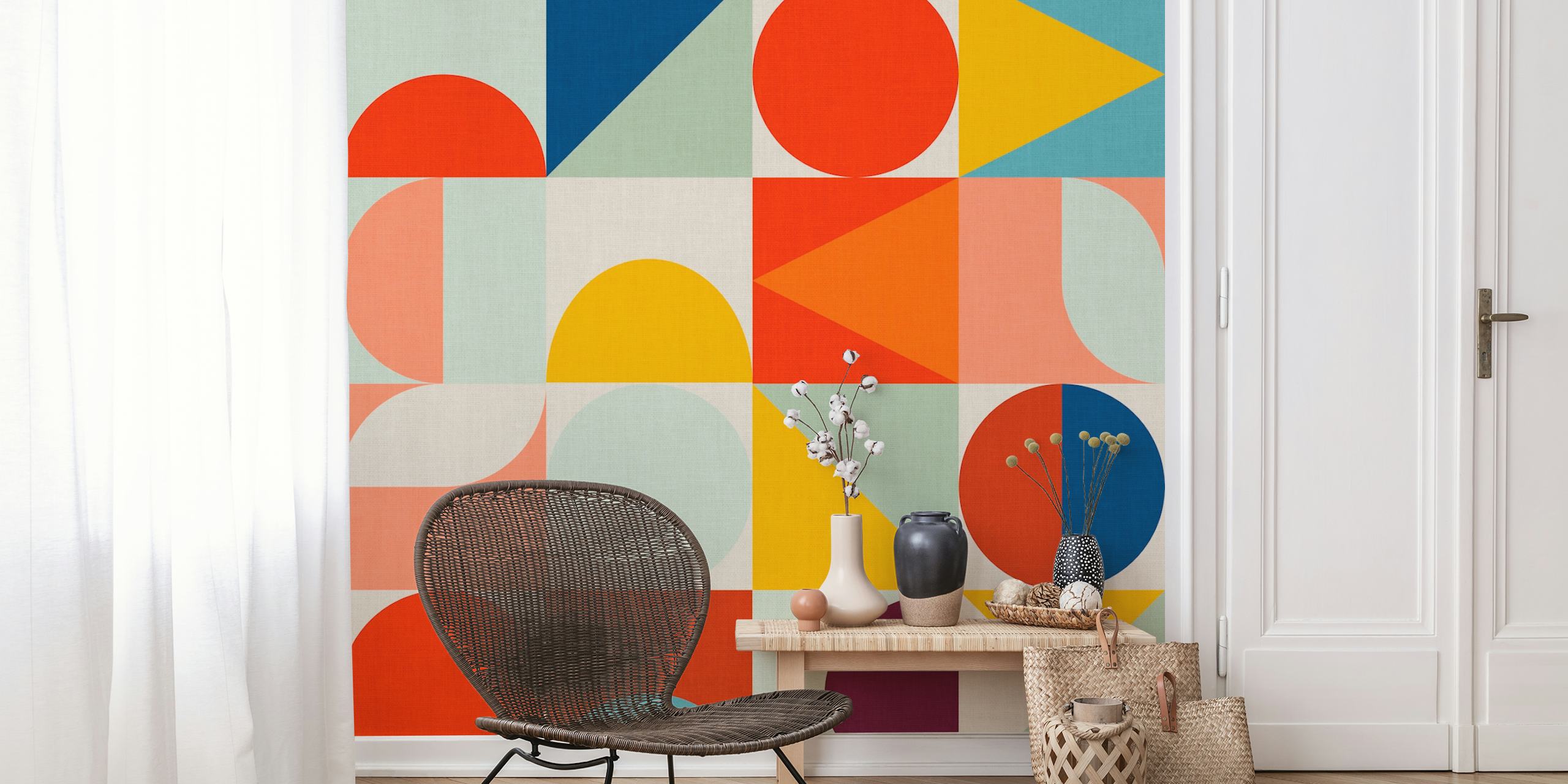 Τοιχογραφία τοίχου Mid Century Bauhaus Vivid 3 με γεωμετρικά σχέδια με συνδυασμό κόκκινου, μπλε, κίτρινου και μωβ χρωμάτων.