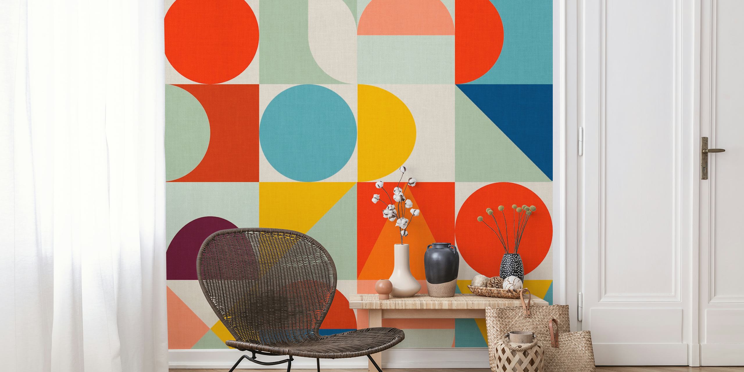 Geometric shapes in red, blue, yellow, and cream wallpaper