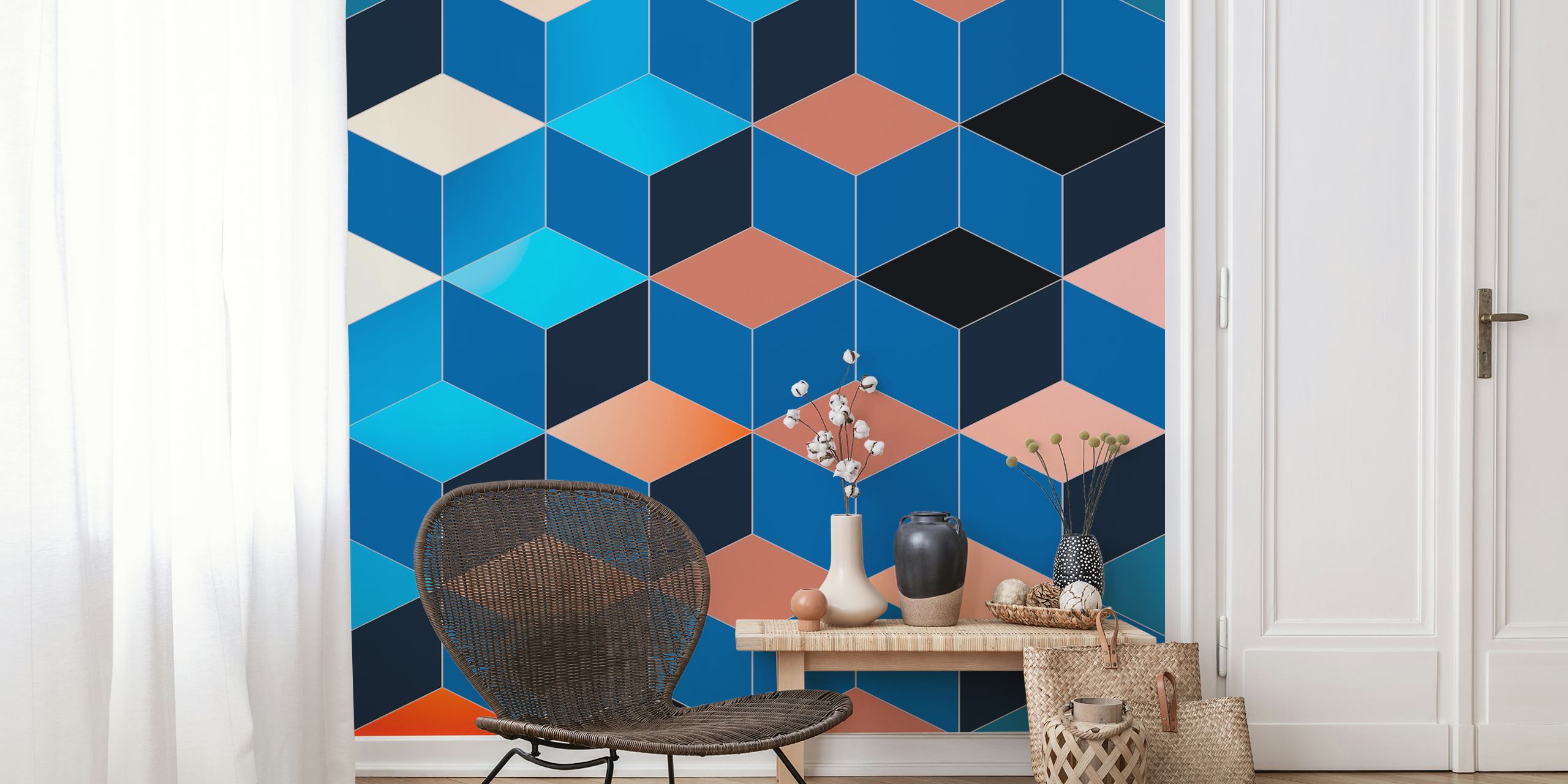 Geometric cube pattern in blue, black, peach, and orange wallpaper