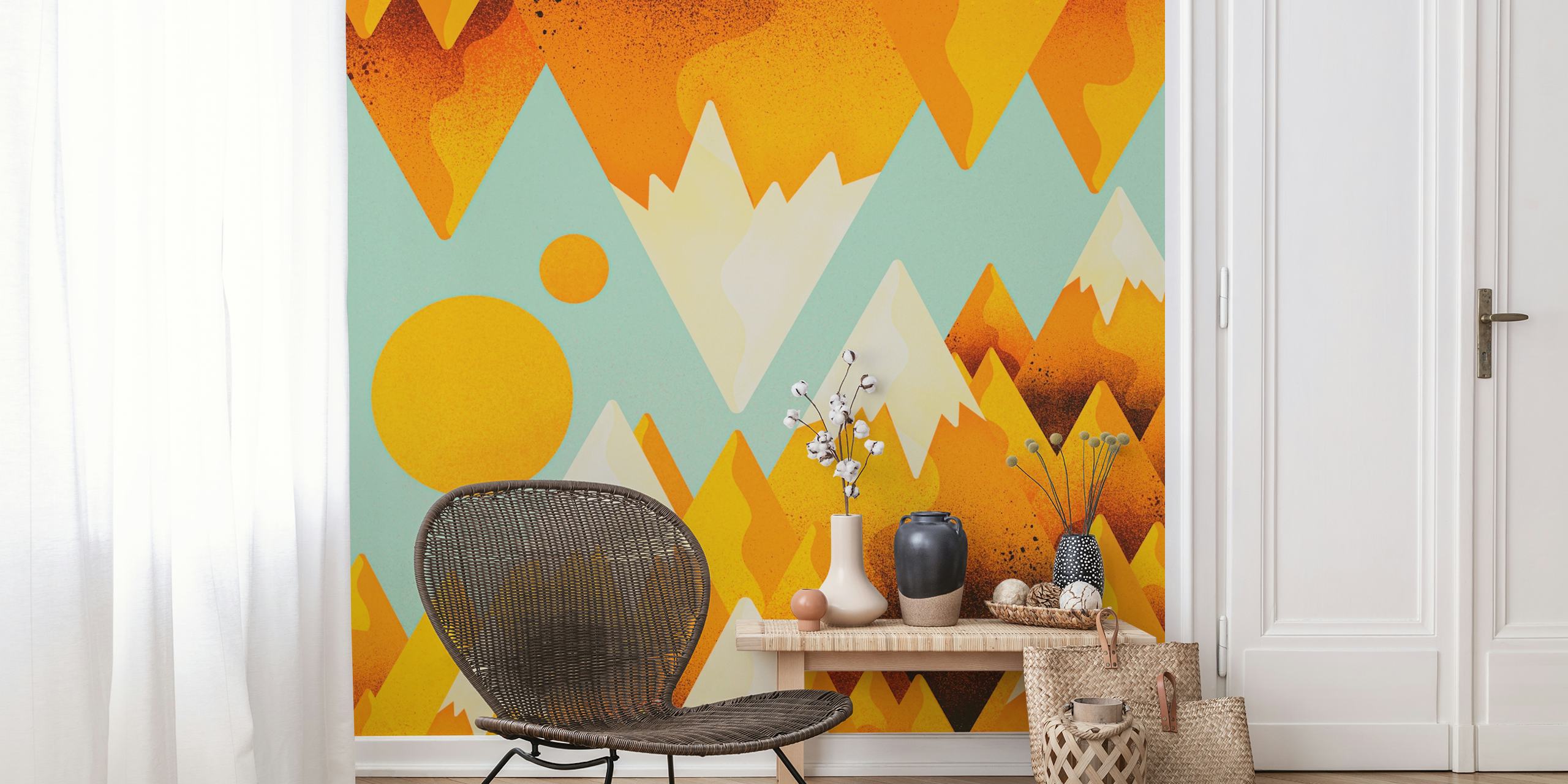 Yellow mountain peaks with white tips against a teal background wallpaper