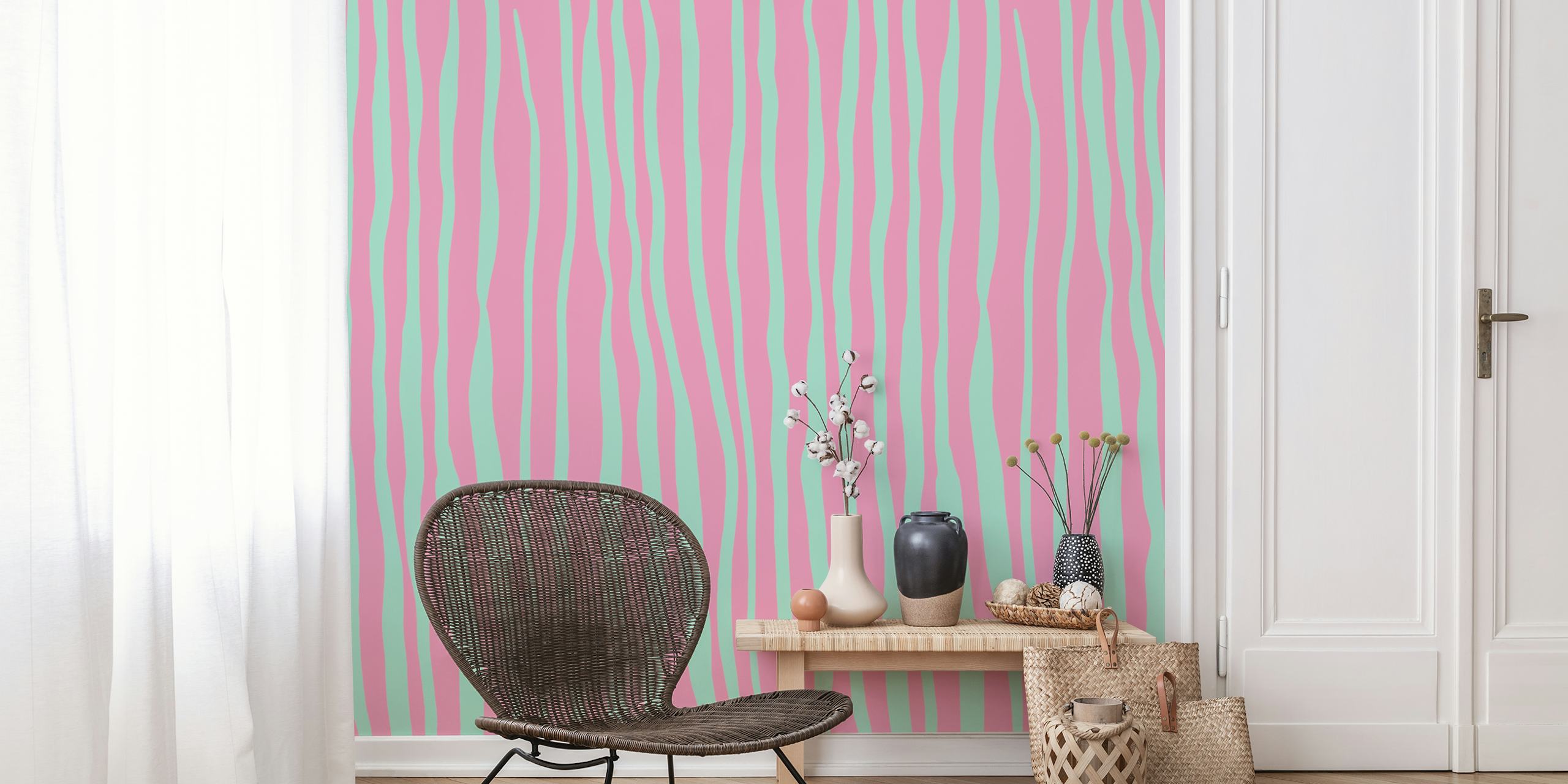 Pastel aqua and pink striped wallpaper design
