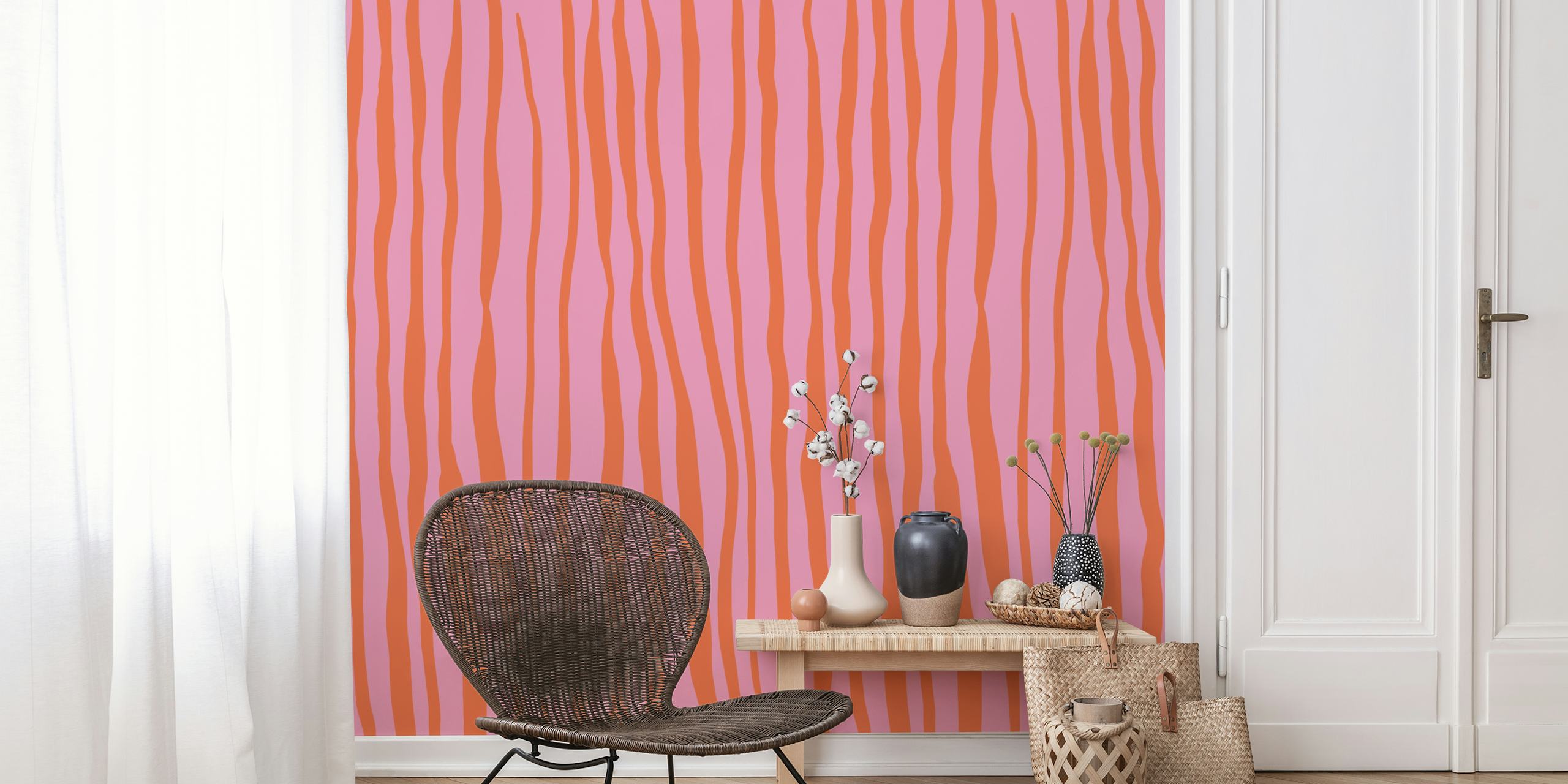 Orange and pink vertical lines wallpaper in a room