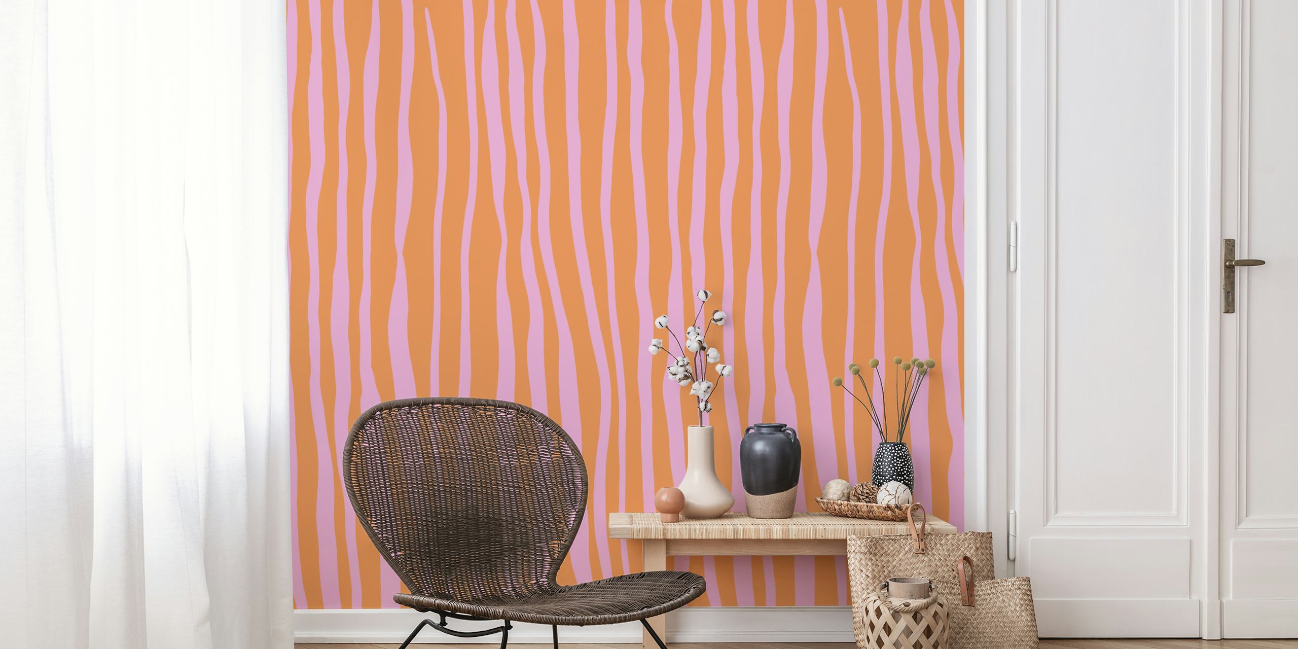 Papier peint mural lignes verticales rose pastel et orange