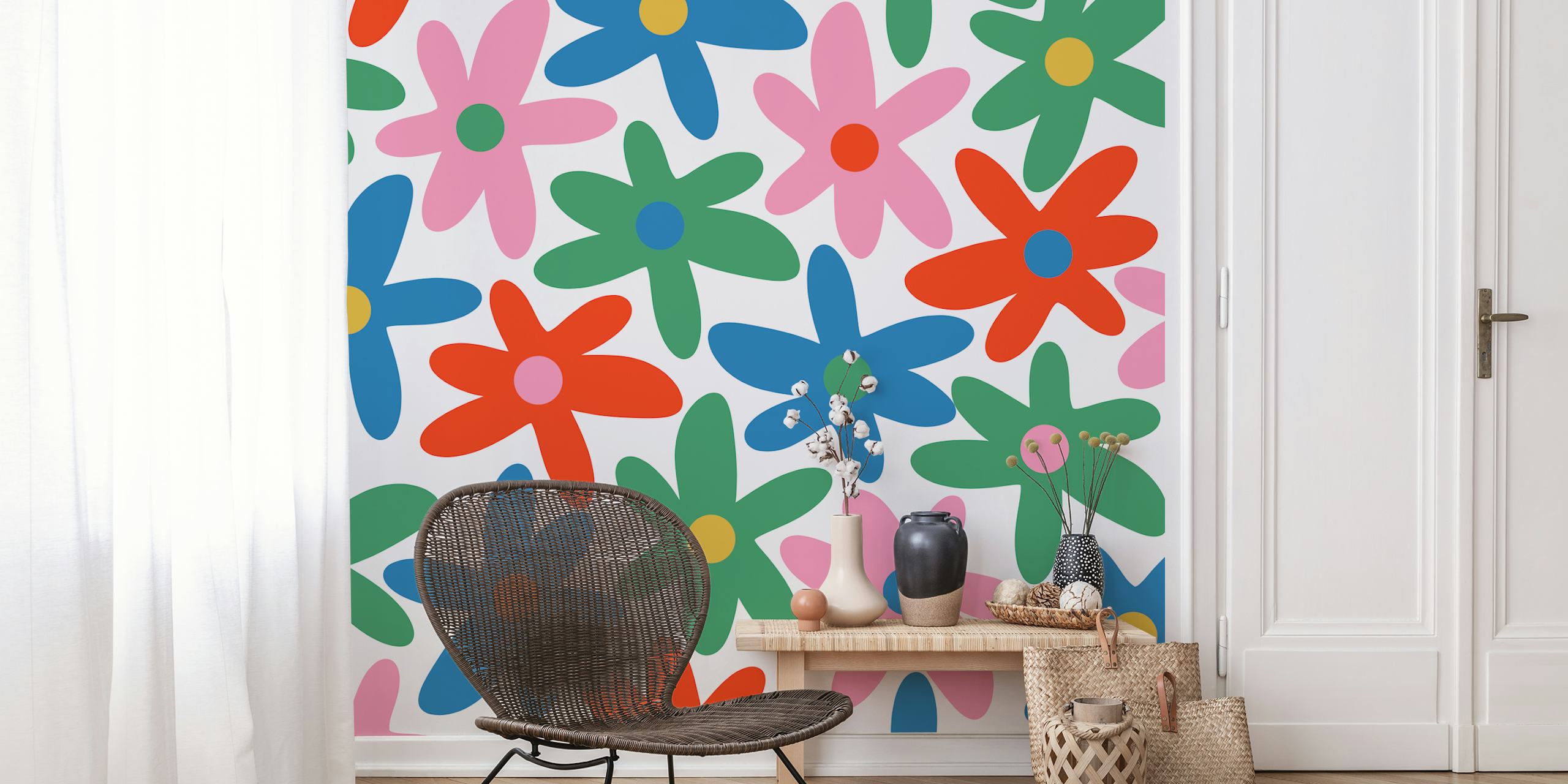 Colorful floral pattern with pink, red, blue, and green flowers wallpaper