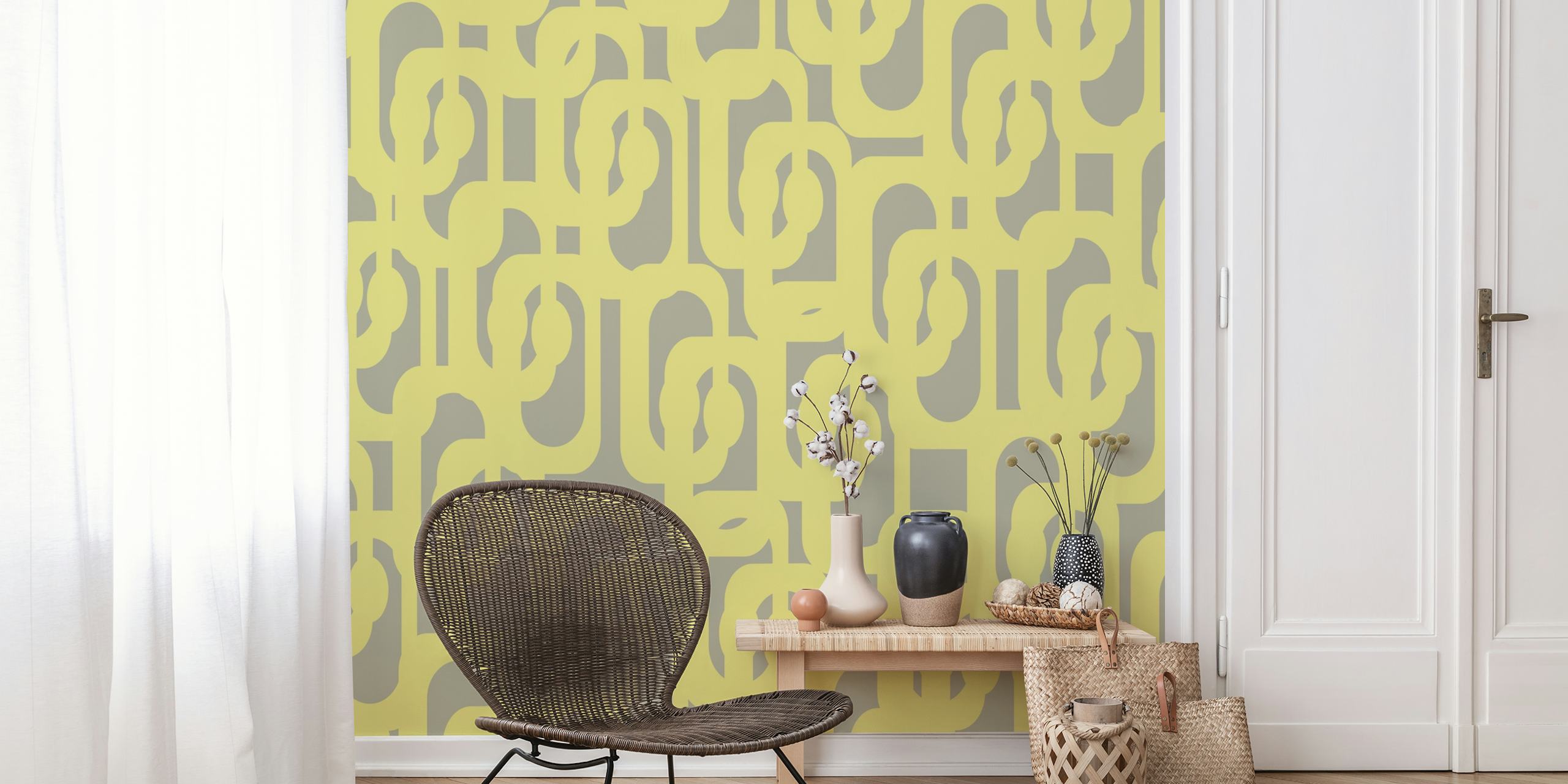 Geometric loops in yellow and gray wallpaper pattern