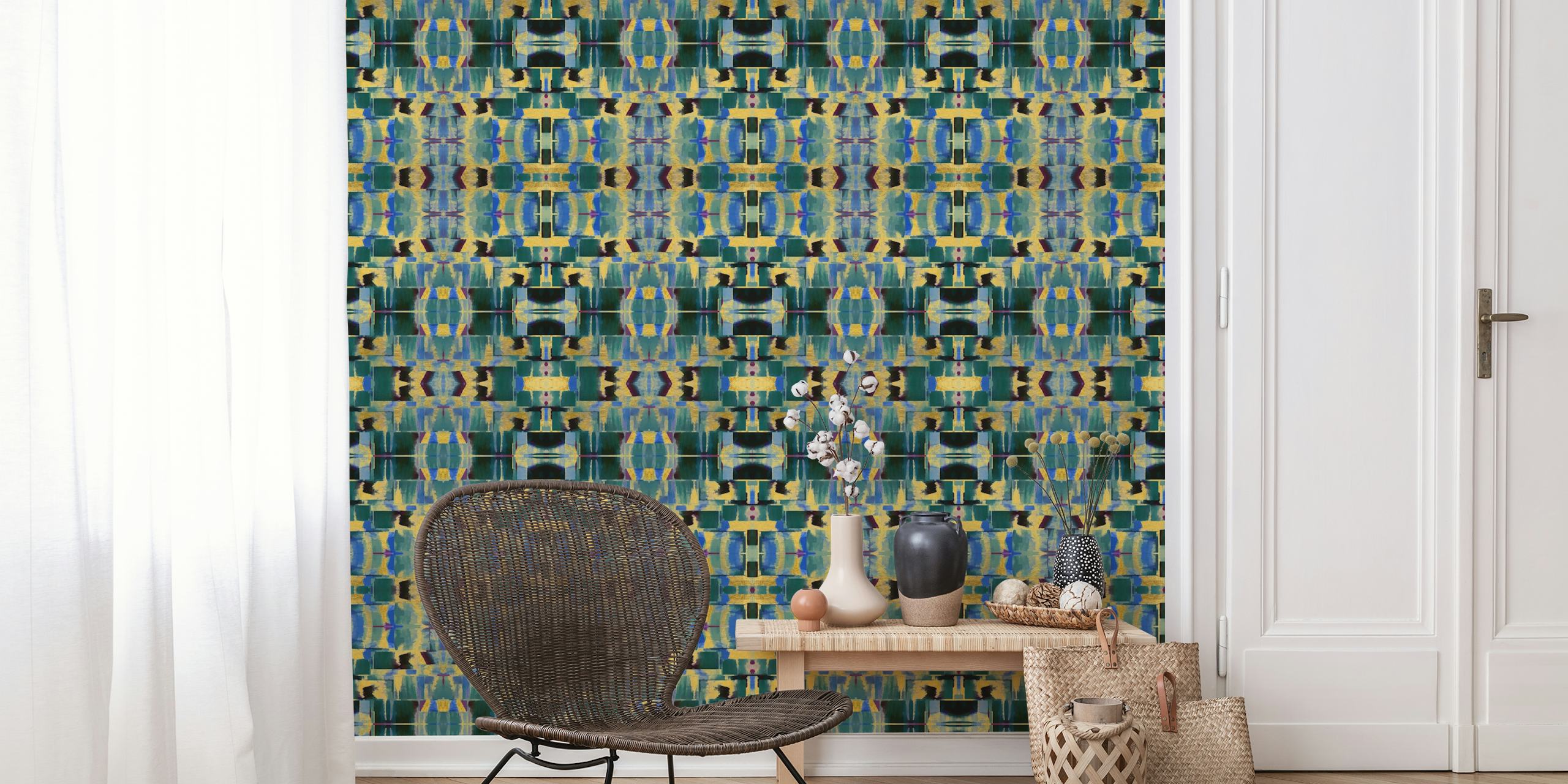 Art Deco geometric pattern in gold and blue wallpaper